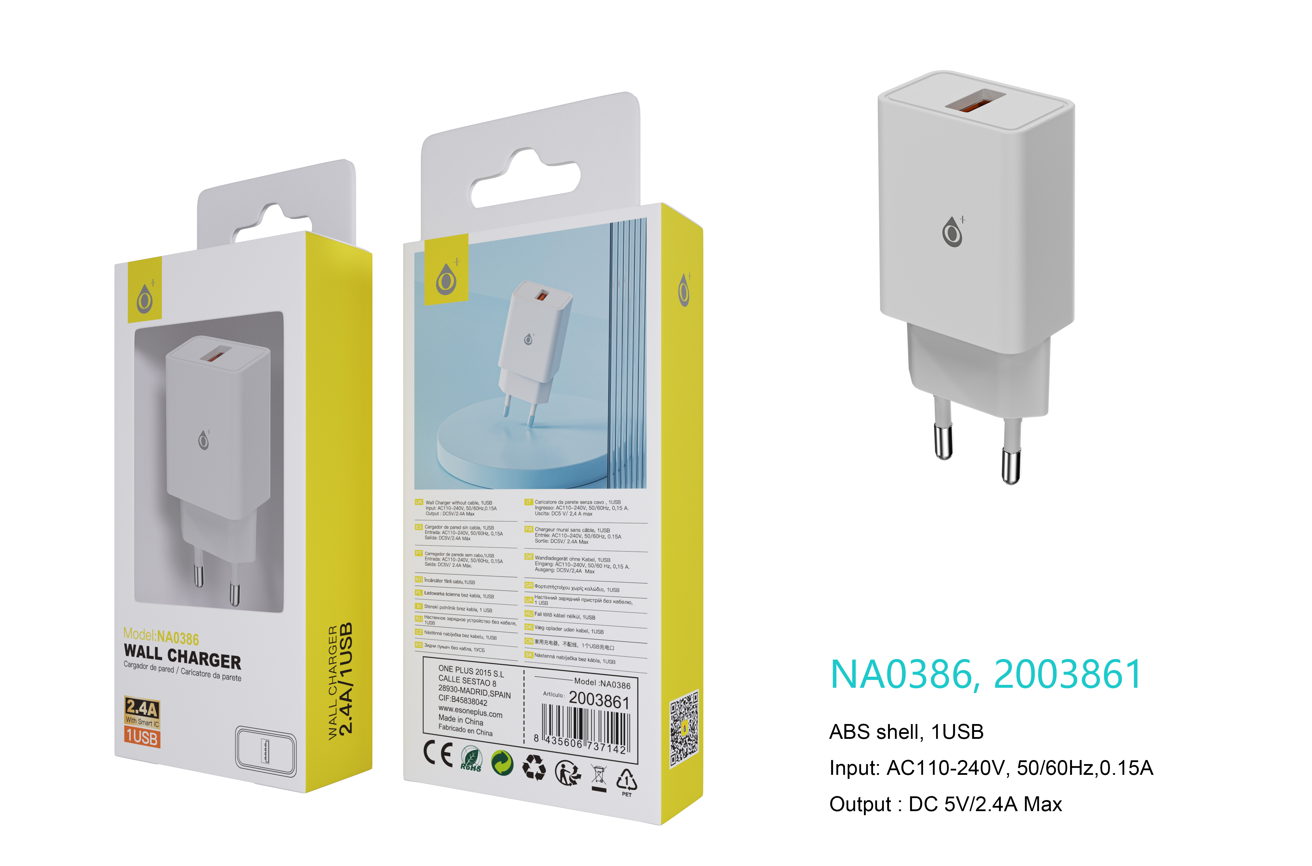 NA0386 BL Cargador de Red KAI 1 USB Con Smart Chip, Sin Cable , 2.4A, Blanco