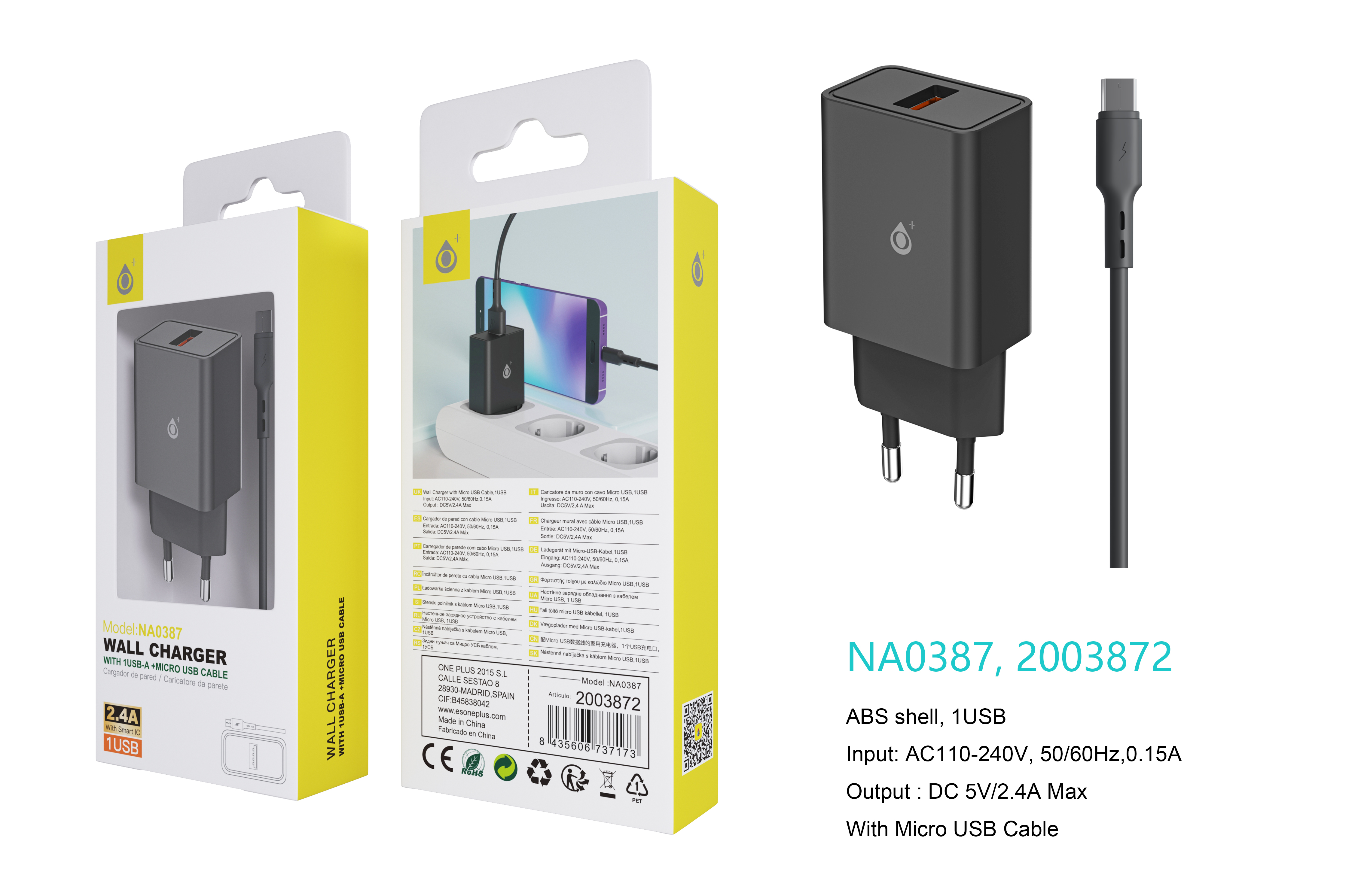 NA0387 NE Cargador de Red KAI 1 USB Con Smart Chip, Con Cable Micro USB , 2.4A, Negro