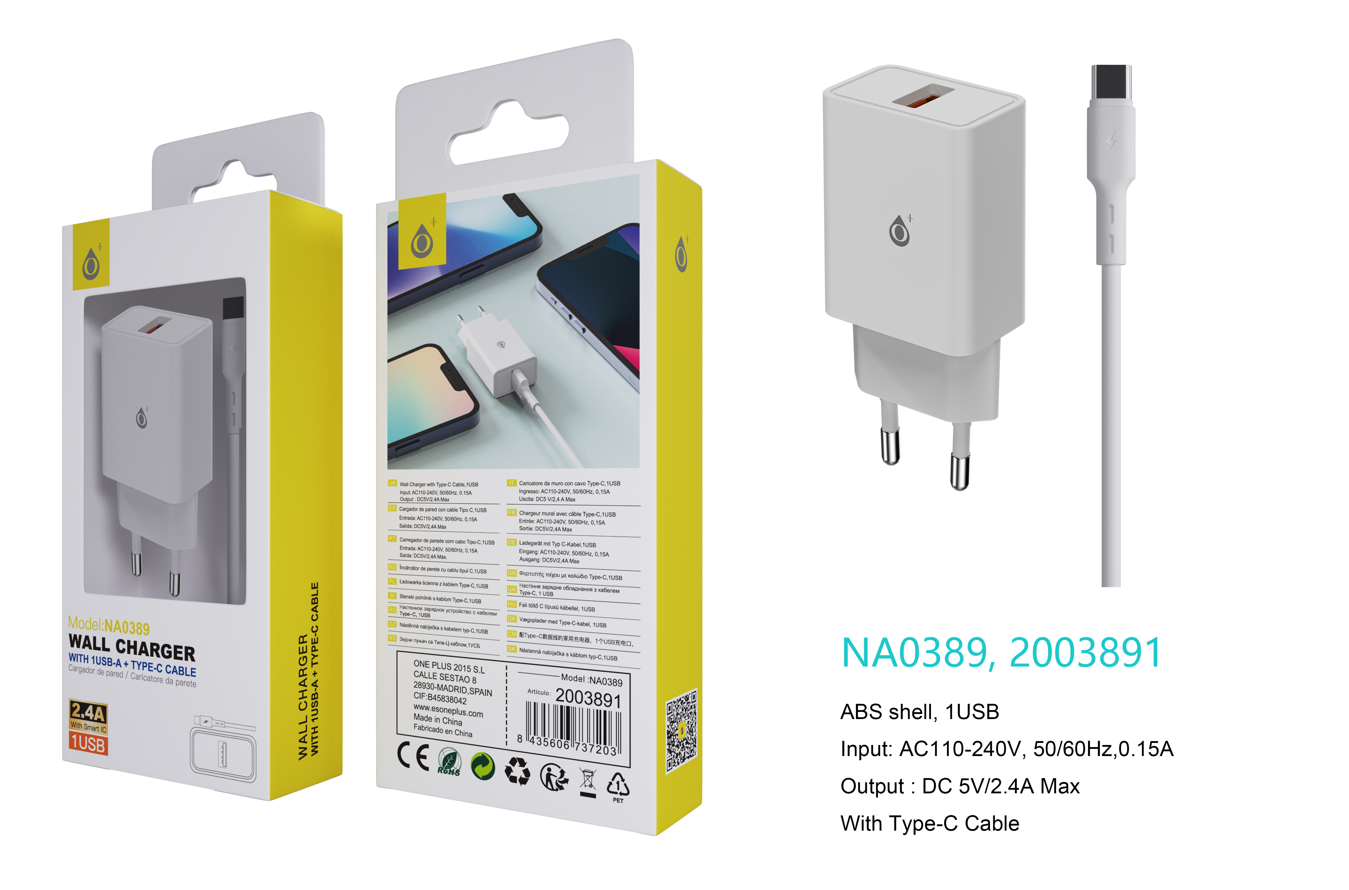 NA0389 BL Cargador de Red KAI 1 USB Con Smart Chip, Con Cable Type-C, 2.4A, Blanco