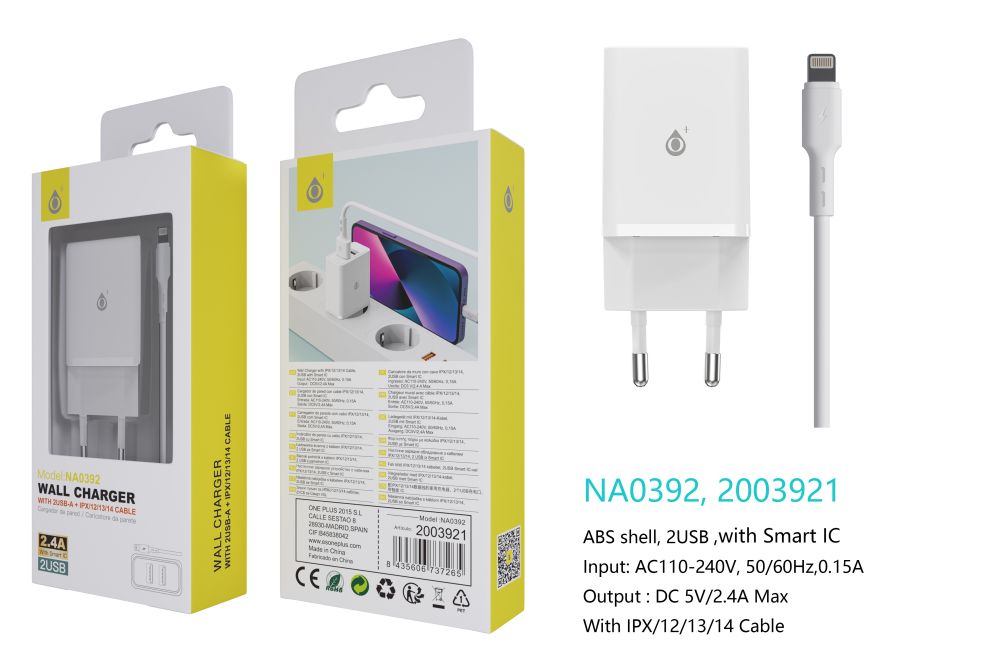 NA0392 BL Cargador de Red KAI 2 USB Con Smart Chip, Con Cable Iphone 5-14, 2.4A, Blanco