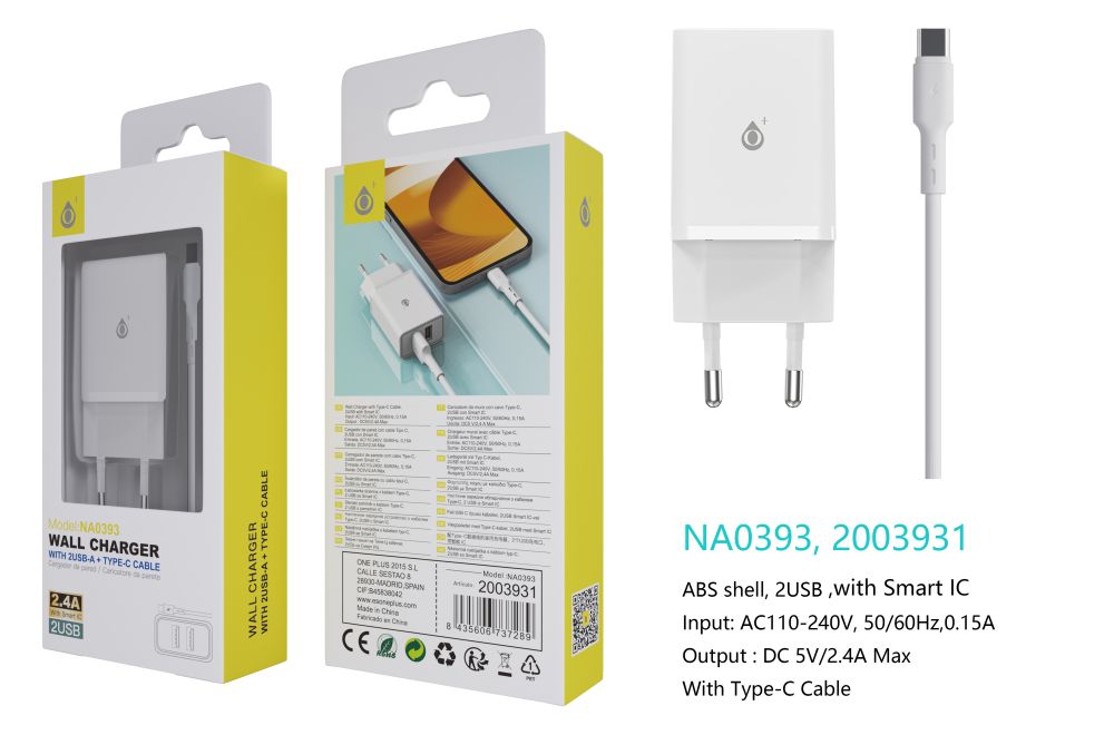 NA0393 BL Cargador de Red KAI 2 USB Con Smart Chip, Con Cable Type-C, 2.4A, Blanco