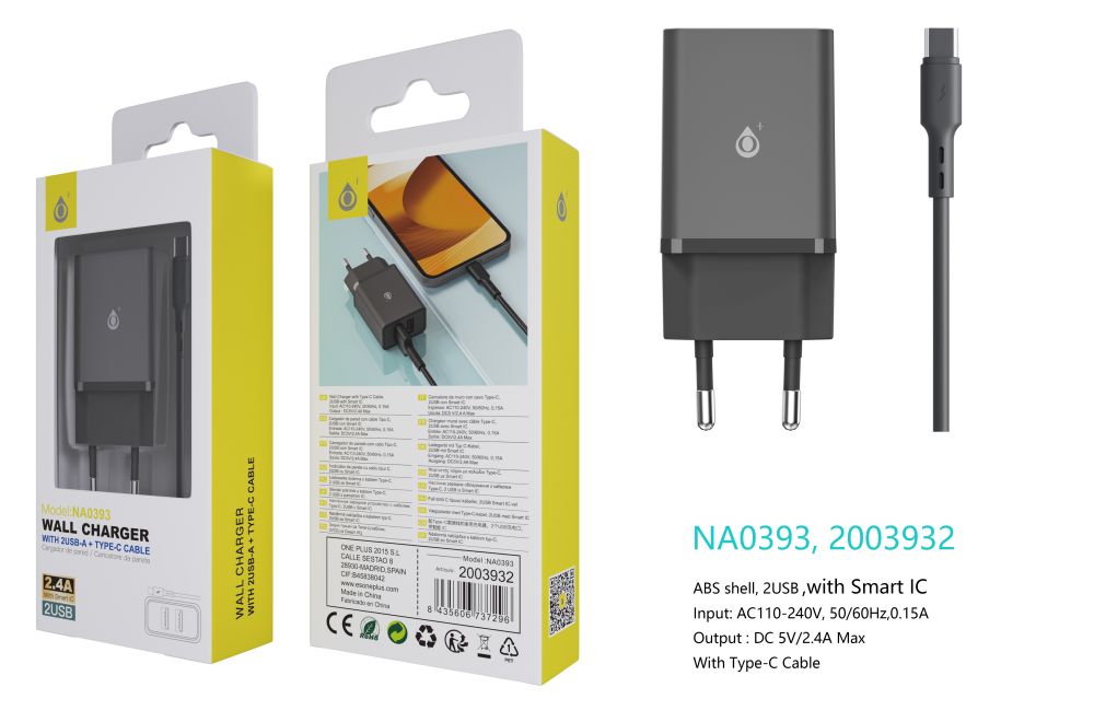NA0393 NE Cargador de Red KAI 2 USB Con Smart Chip, Con Cable Type-C, 2.4A, Negro