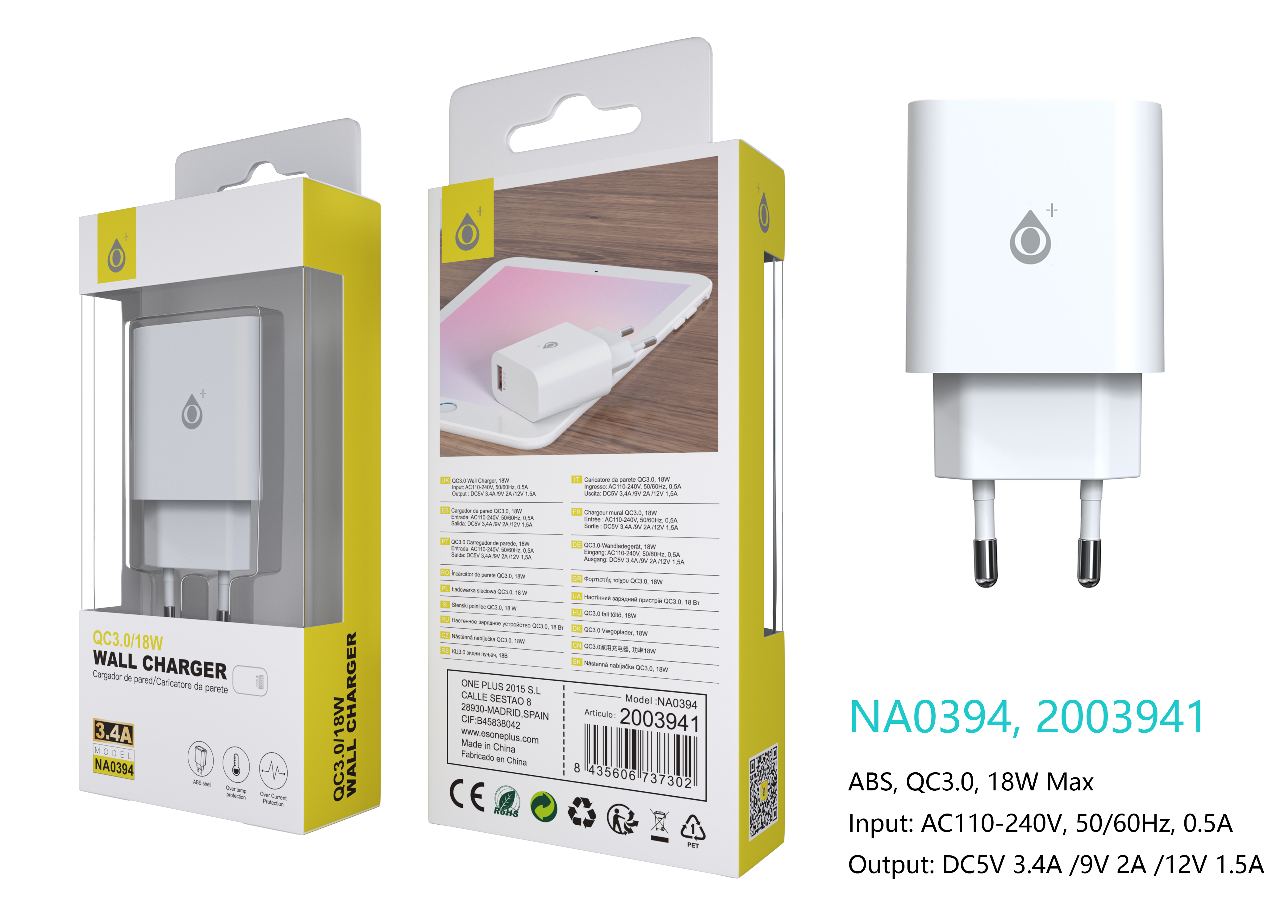 NA0394 BL Cargador Rapido de Pared Berta,  1 puerto USB-A QC 3.0, Sin Cable, 18W/3.4A(Max) , Blanco