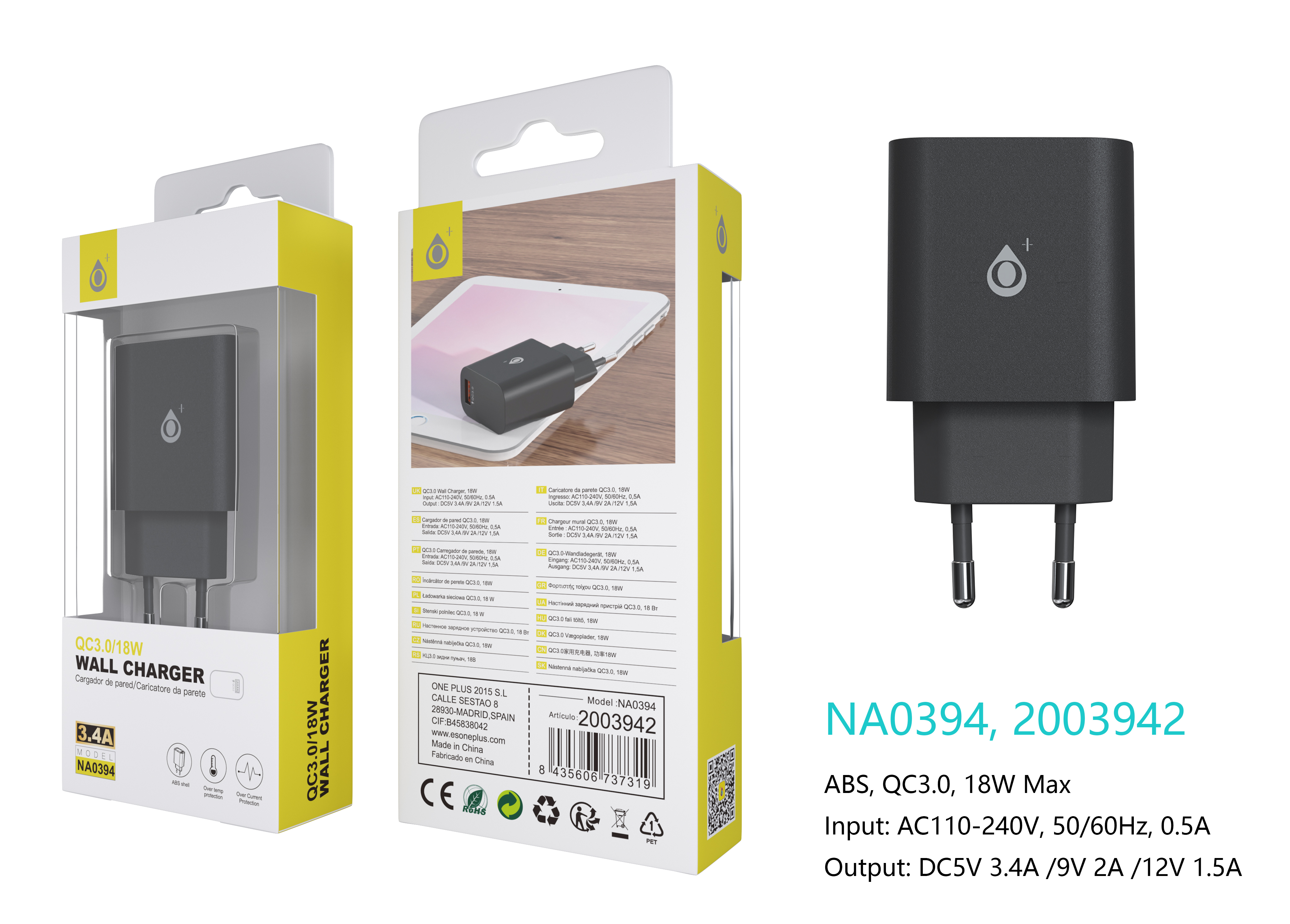 NA0394 NE Cargador Rapido de Pared Berta,  1 puerto USB-A QC 3.0, Sin Cable, 18W/3.4A(Max) , Negro
