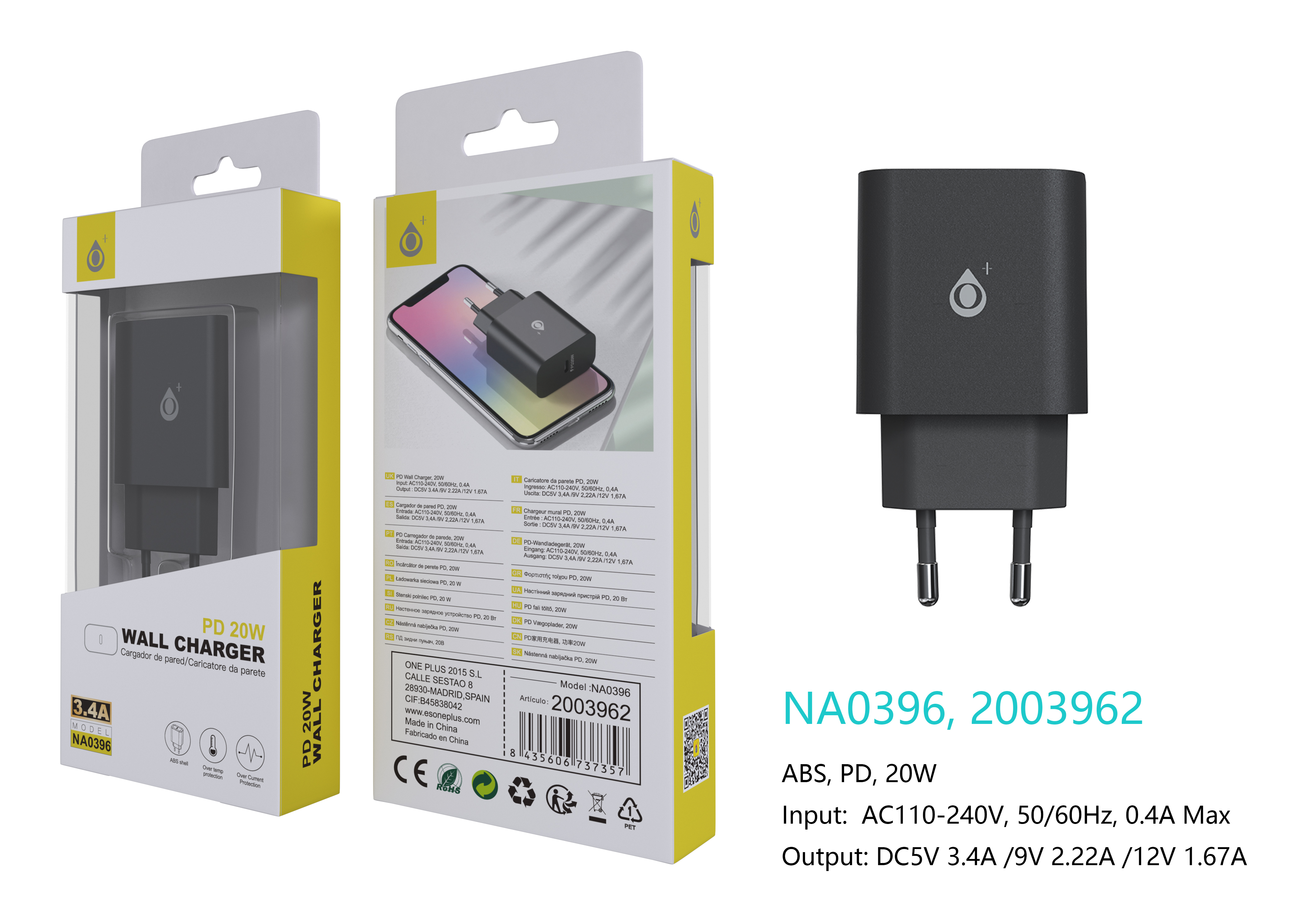 NA0396 NE Cargador de Red Rapida Berta, 1 puerto USB-C PD, Sin Cable 20W/3.4A(Max), Negro