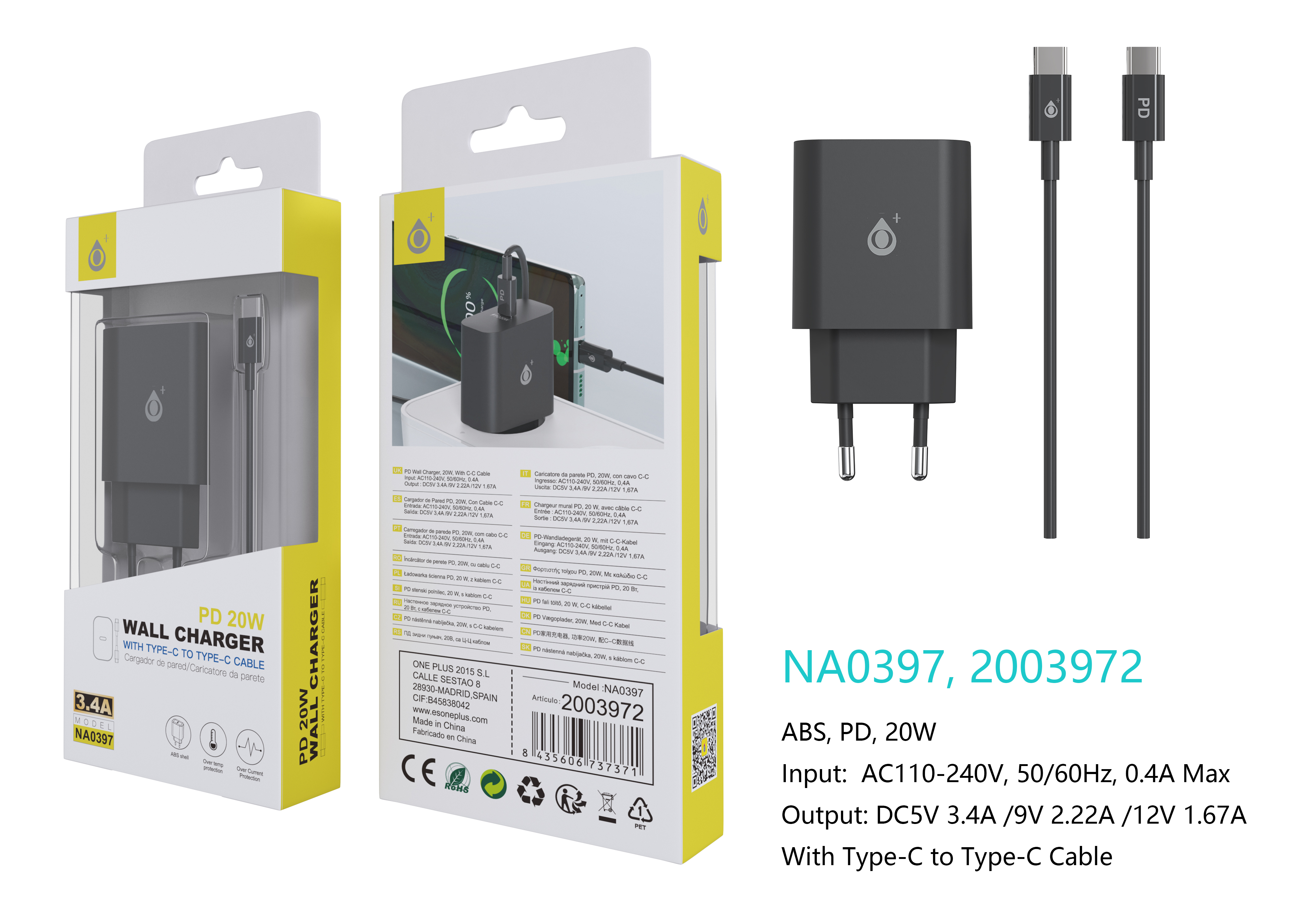 NA0397 NE Cargador de Red Rapida Berta , 1 puerto USB-CC PD, con Cable Type-C a Type-C, 20W/3.4A(Max