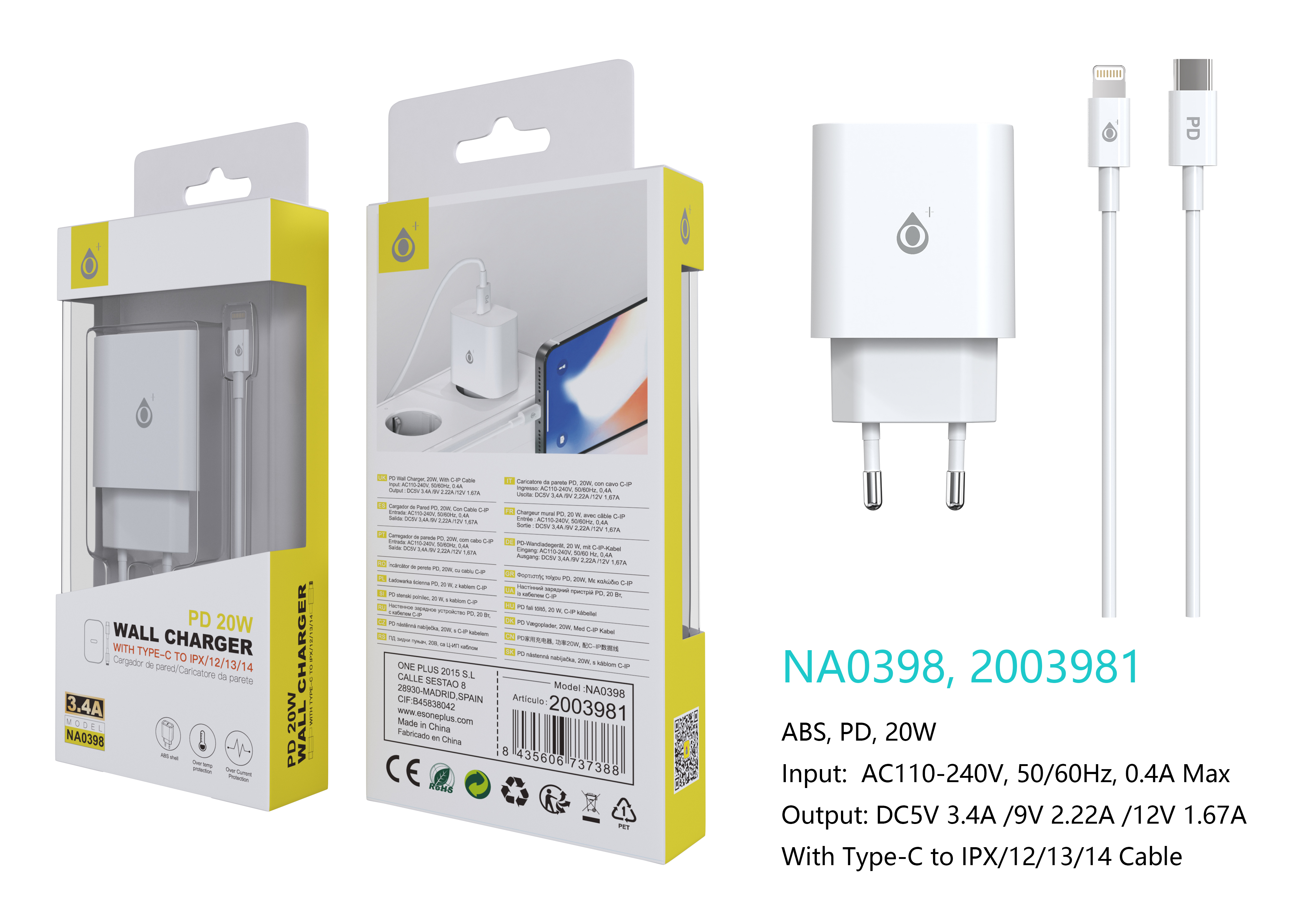 NA0398 BL Cargador de Red Rapida Berta , 1 puerto USB-C PD, con Cable Type-C a Lightning, 20W/3.4A(M
