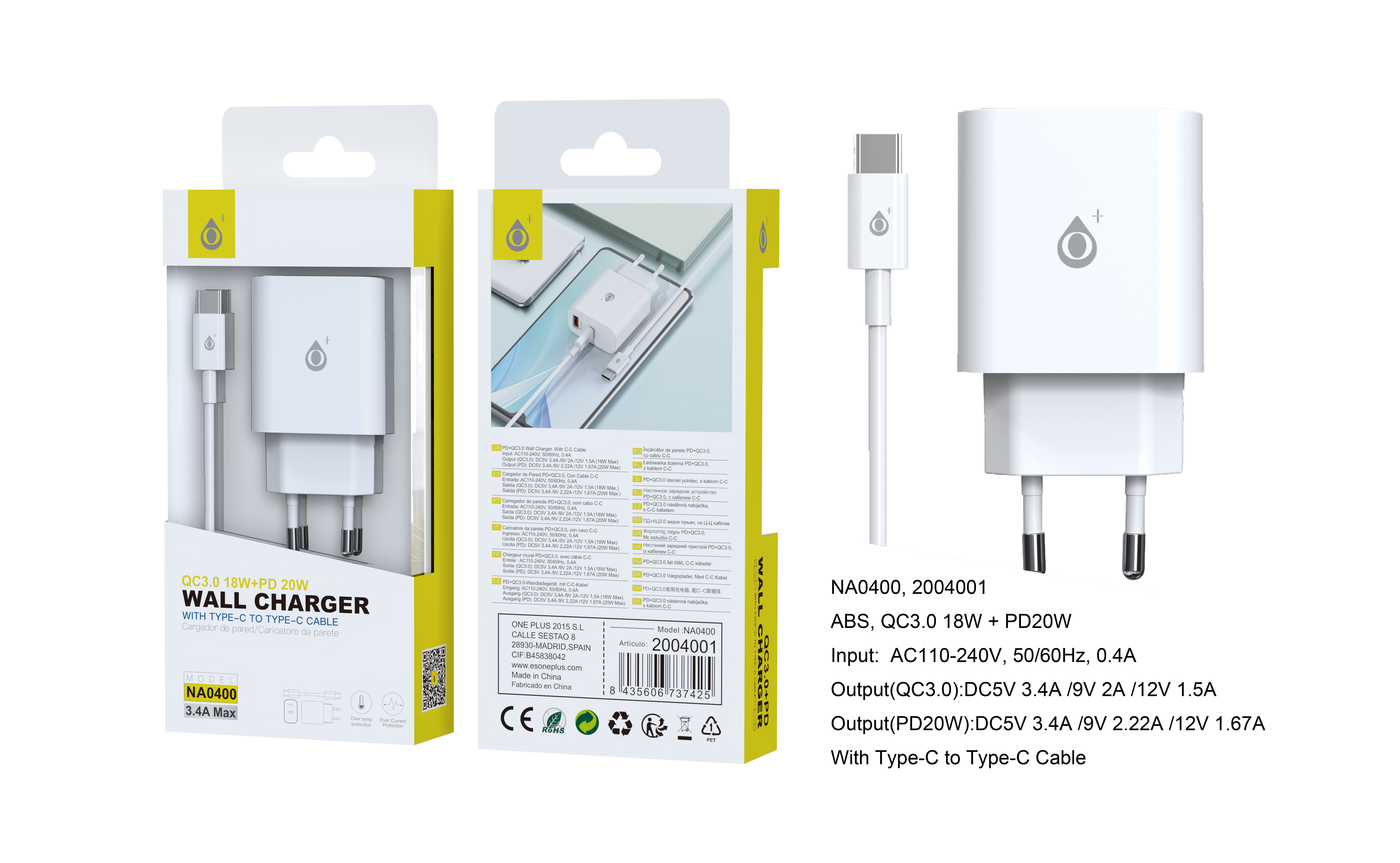 NA0400 BL Cargador Rapido de Pared Berta  Con cable Type-C a Type-C,  Type-C(PD 20W)+QC 3.0 (18W)3.4A