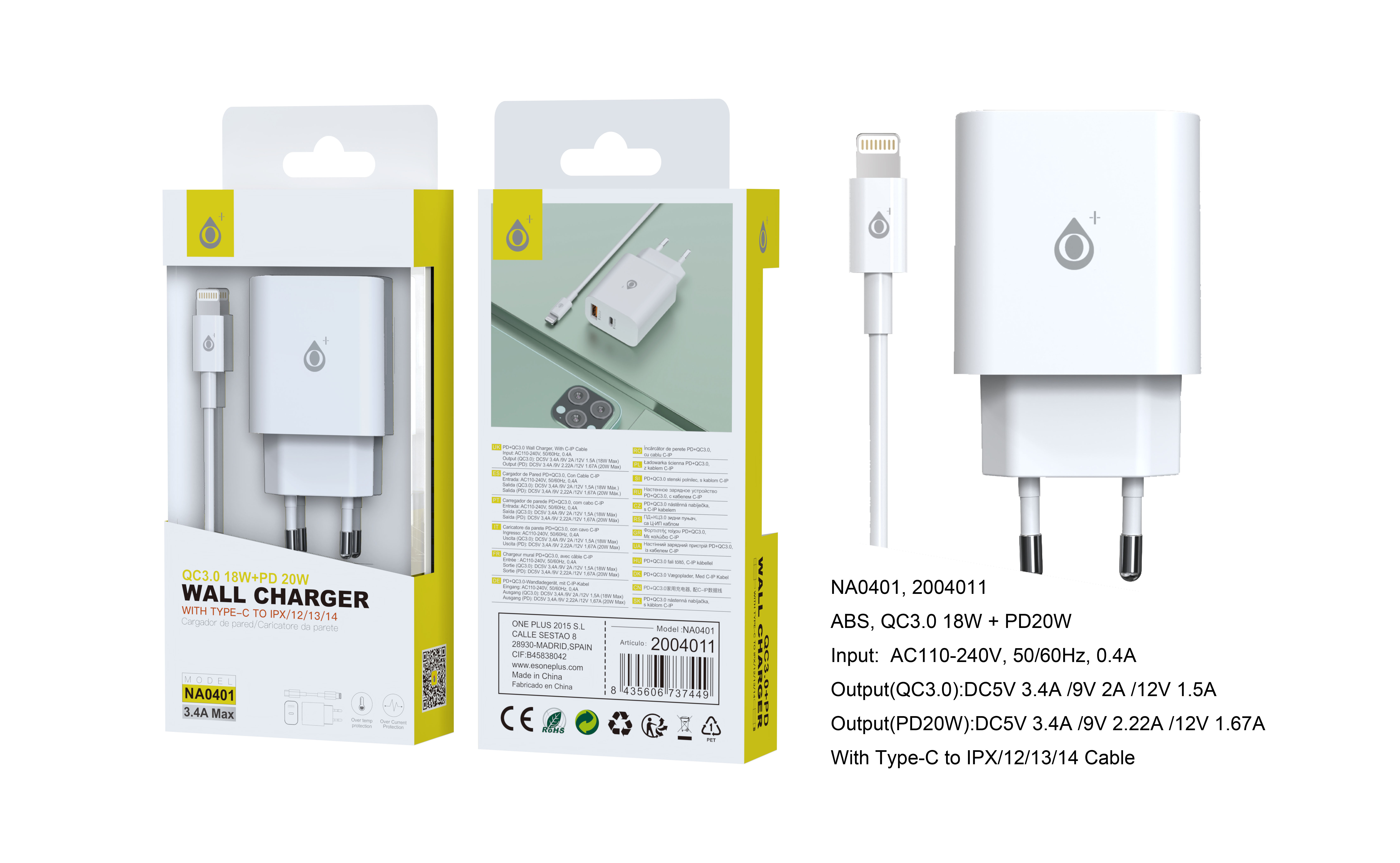 NA0401 BL Cargador Rapido de Pared Berta  Con cable Type-C a Lightning ,  Type-C(PD 20W)+QC 3.0 (18W)