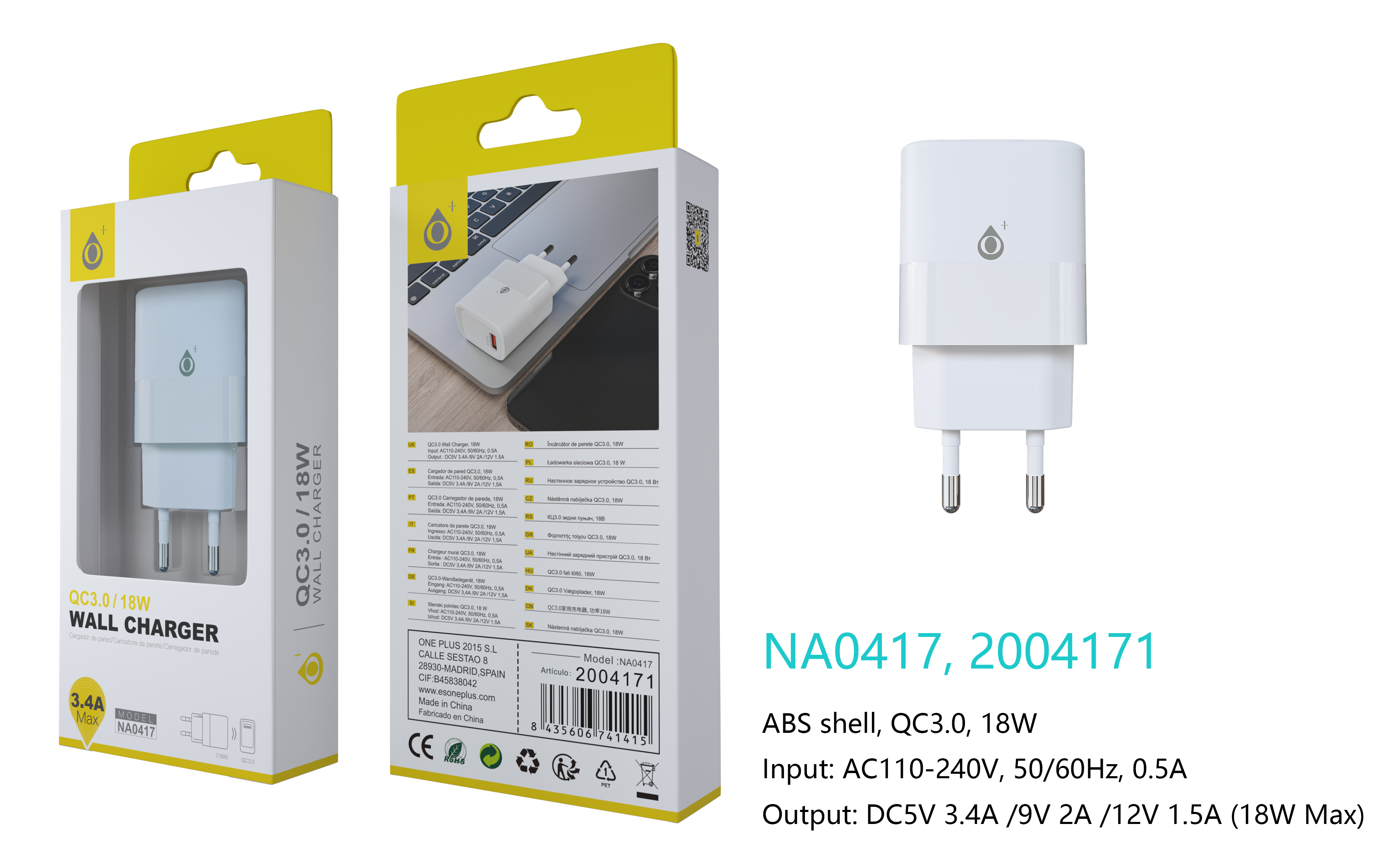 NA0417 BL Cargador de Red Rapida Fort, 1 puerto USB-A QC3.0 ,  Sin Cable, 18W/3.4A(Max), Blanco