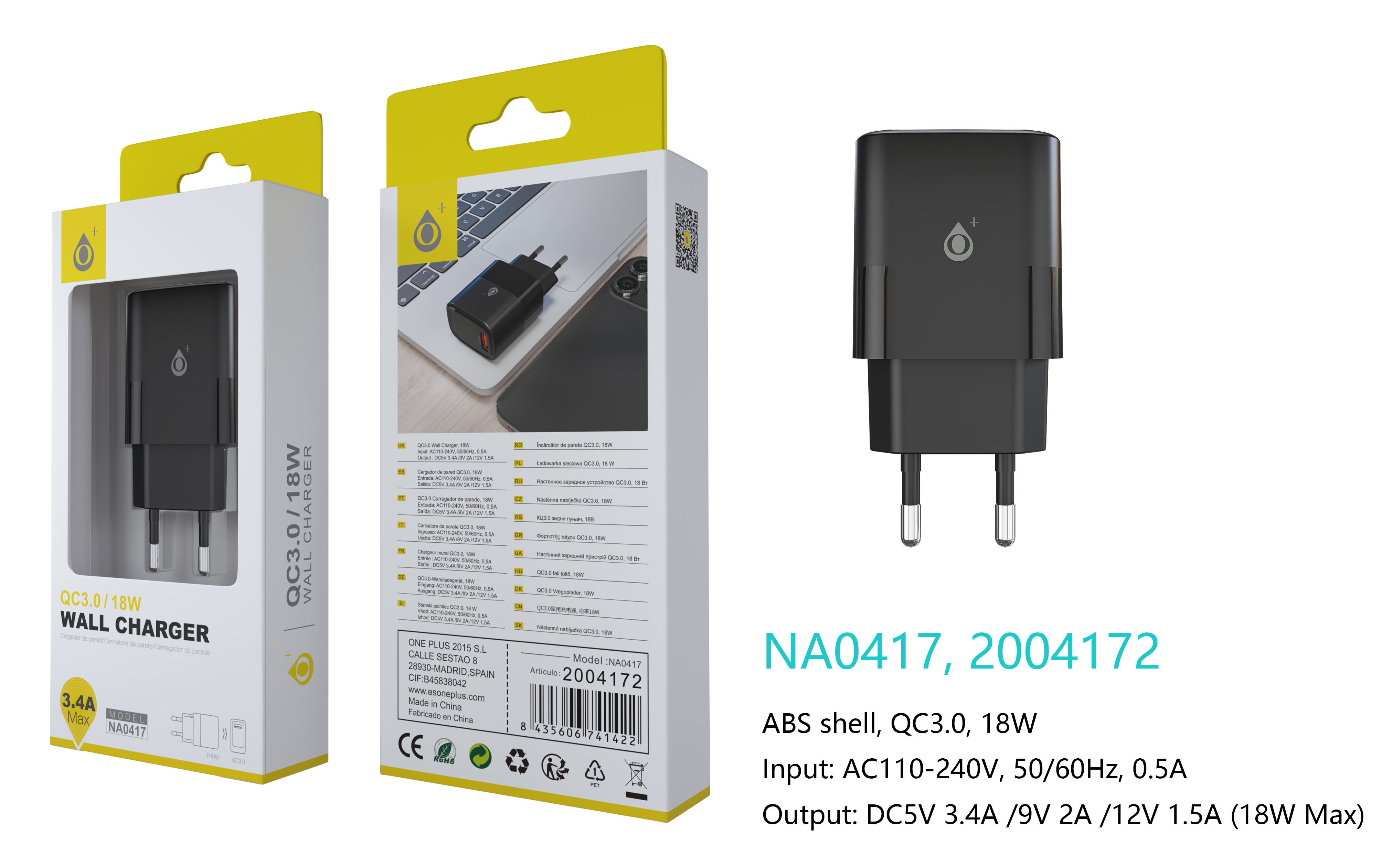 NA0417 NE Cargador de Red Rapida Fort, 1 puerto USB-A QC3.0 ,  Sin Cable, 18W/3.4A(Max), Negro