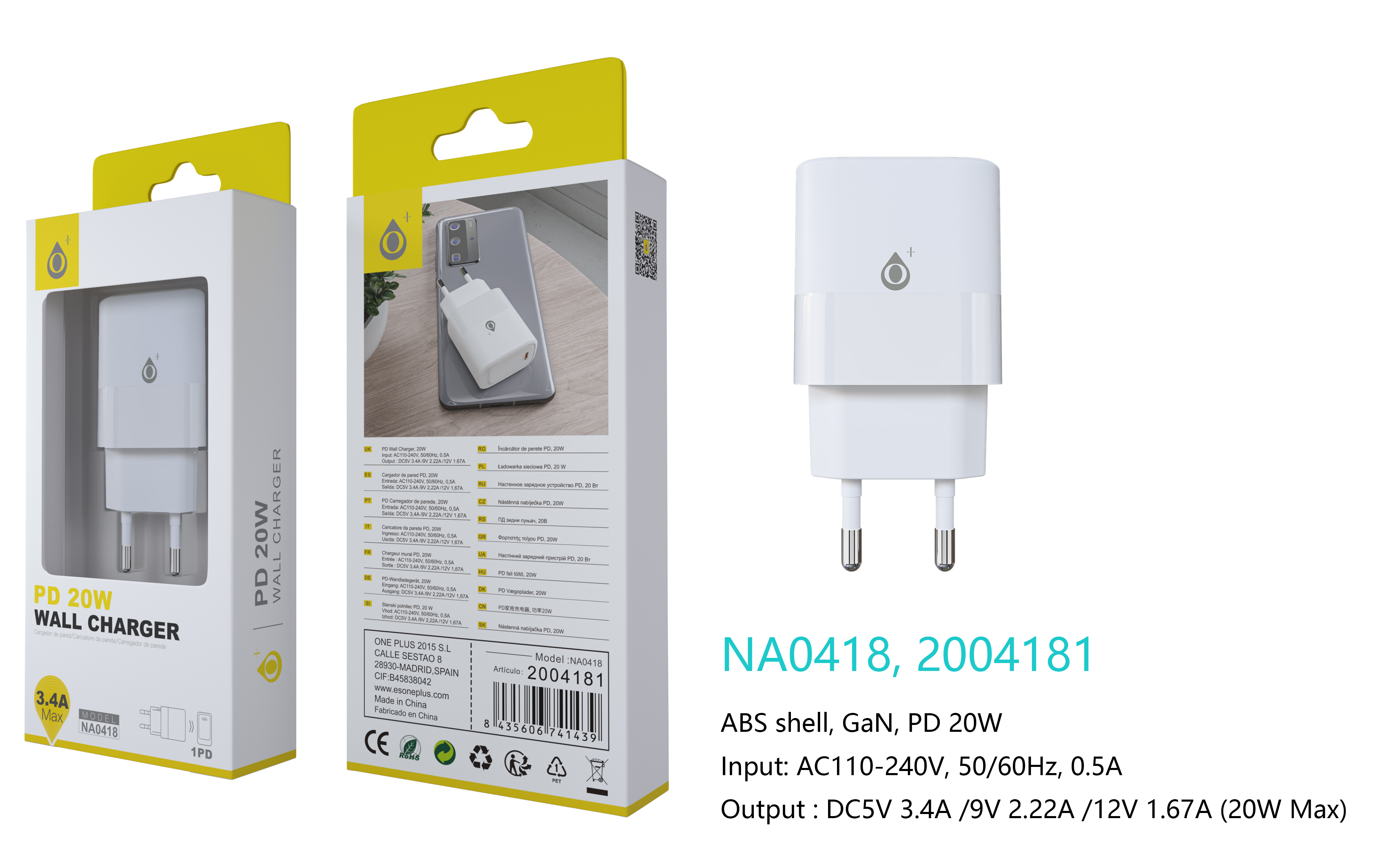 NA0418 BL Cargador GaN de Red Rapida Fort, 1 puerto USB-C PD,  Sin Cable, 20W/3.4A(Max), Blanco