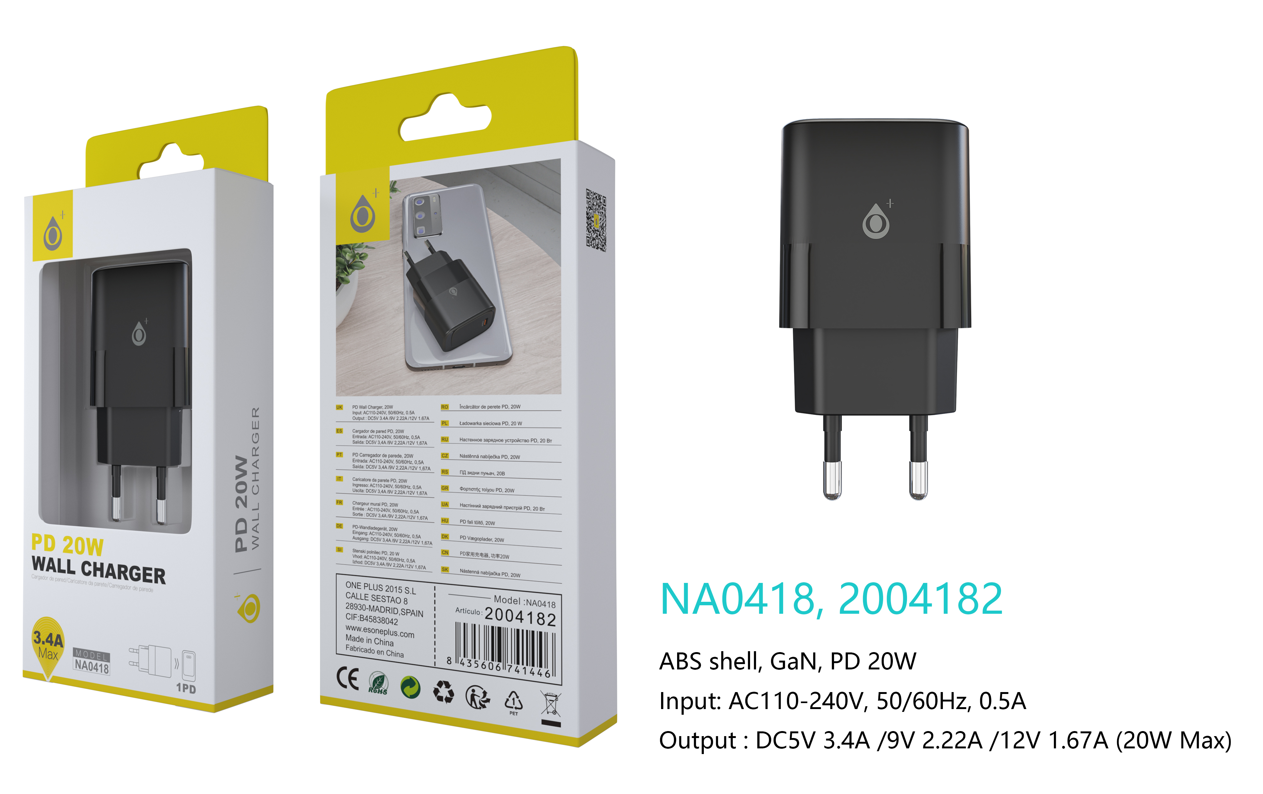 NA0418 NE Cargador GaN de Red Rapida Fort, 1 puerto USB-C PD,  Sin Cable, 20W/3.4A(Max), Negro