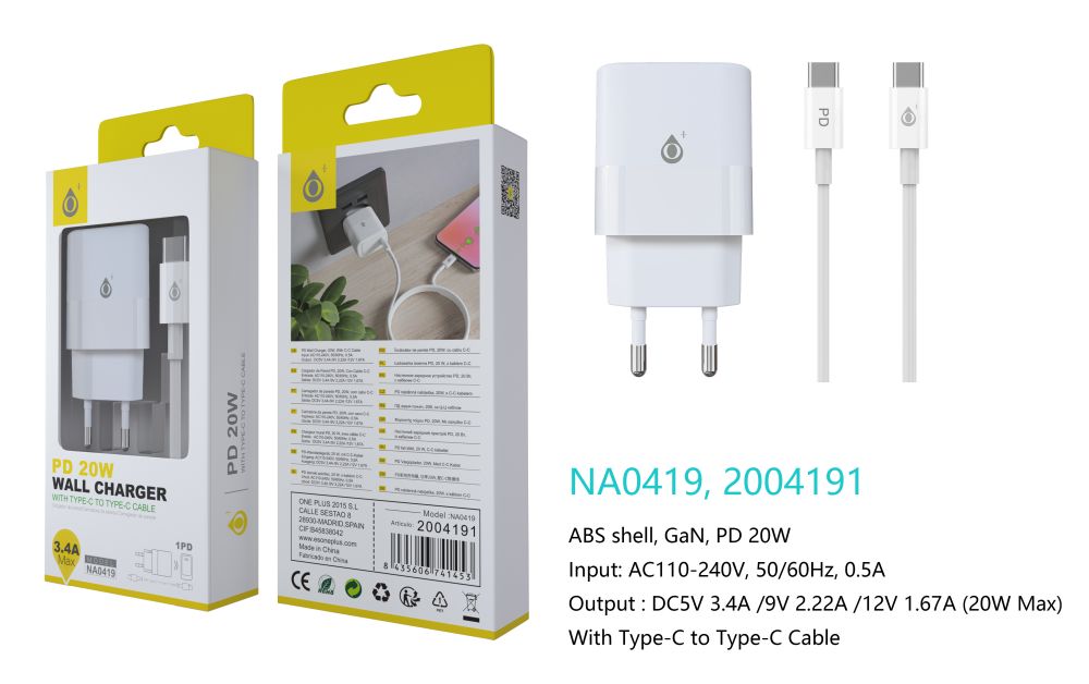 NA0419 BL Cargador GaN de Red Rapida Fort, 1 puerto USB-C PD,  Con Cable Type-C a Type-C, 20W/3.4A(Max), Blanco
