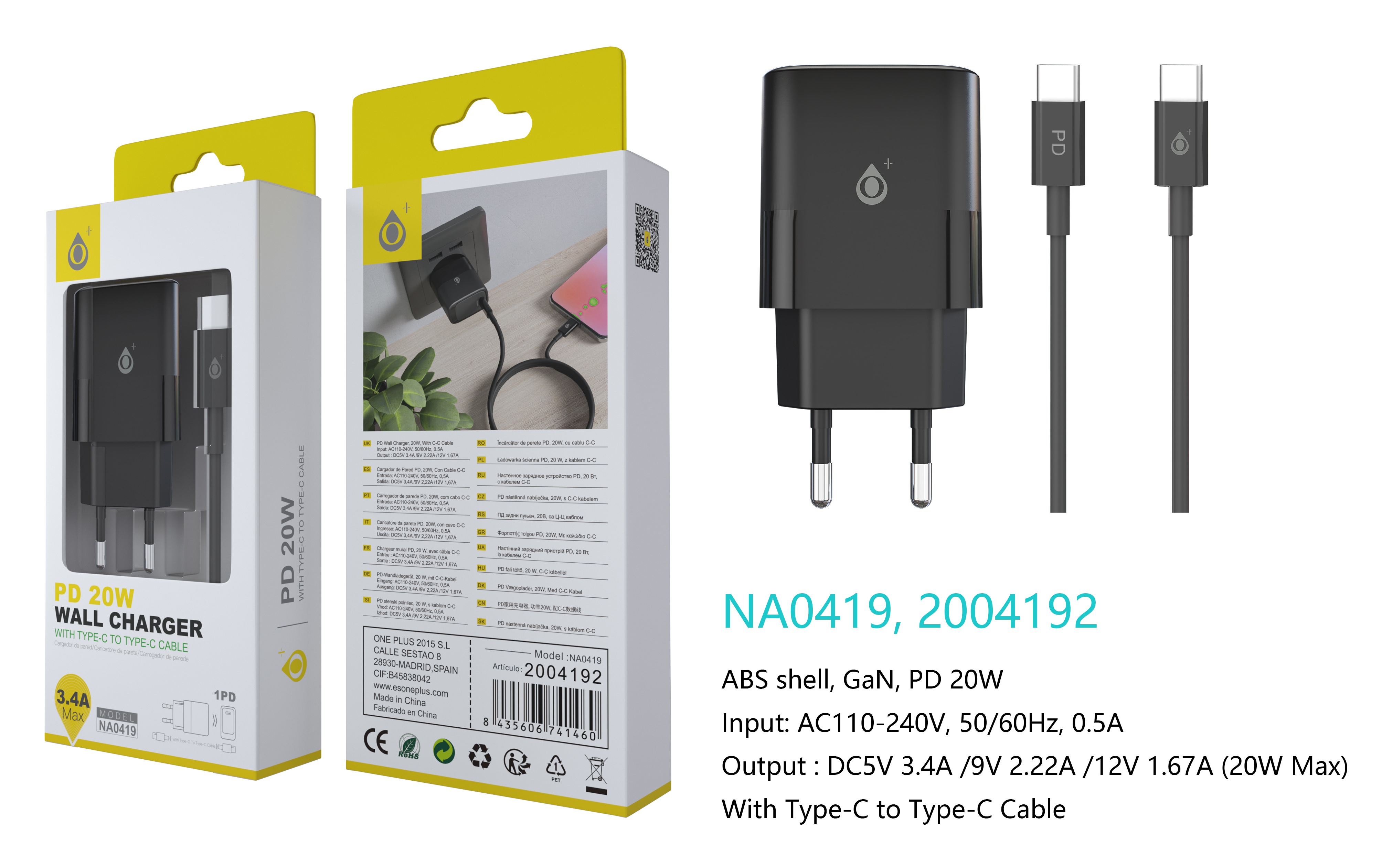 NA0419 NE Cargador GaN de Red Rapida Fort, 1 puerto USB-C PD,  Con Cable Type-C a Type-C, 20W/3.4A(Max), Negro