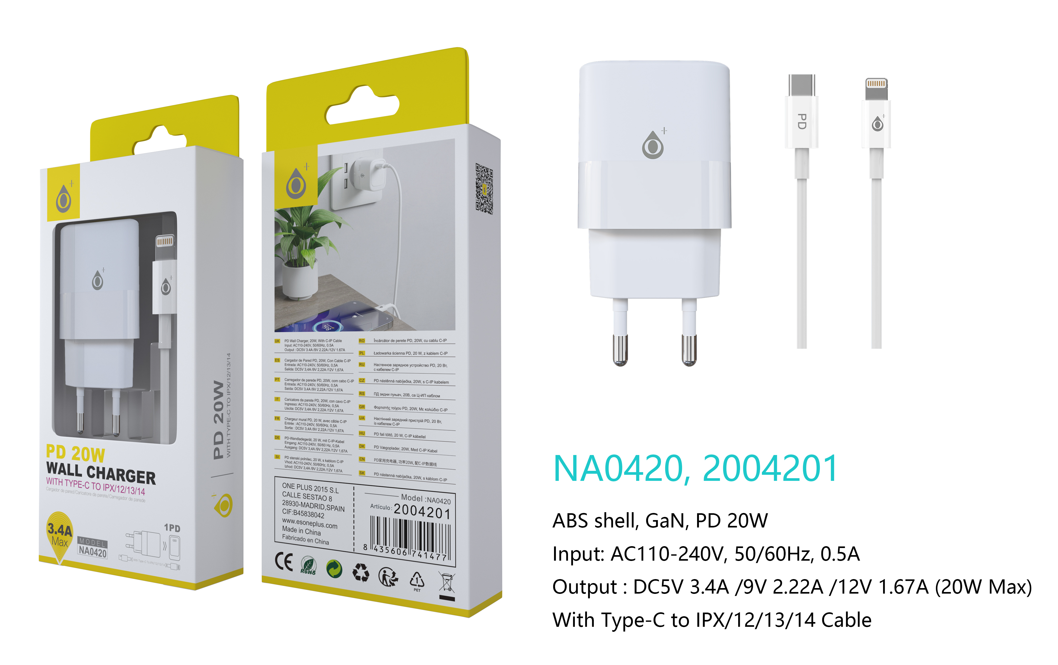 NA0420 BL Cargador GaN de Red Rapida Fort, 1 puerto USB-C PD,  Con Cable Type-C a Lightning, 20W/3.4A(Max), Blanco