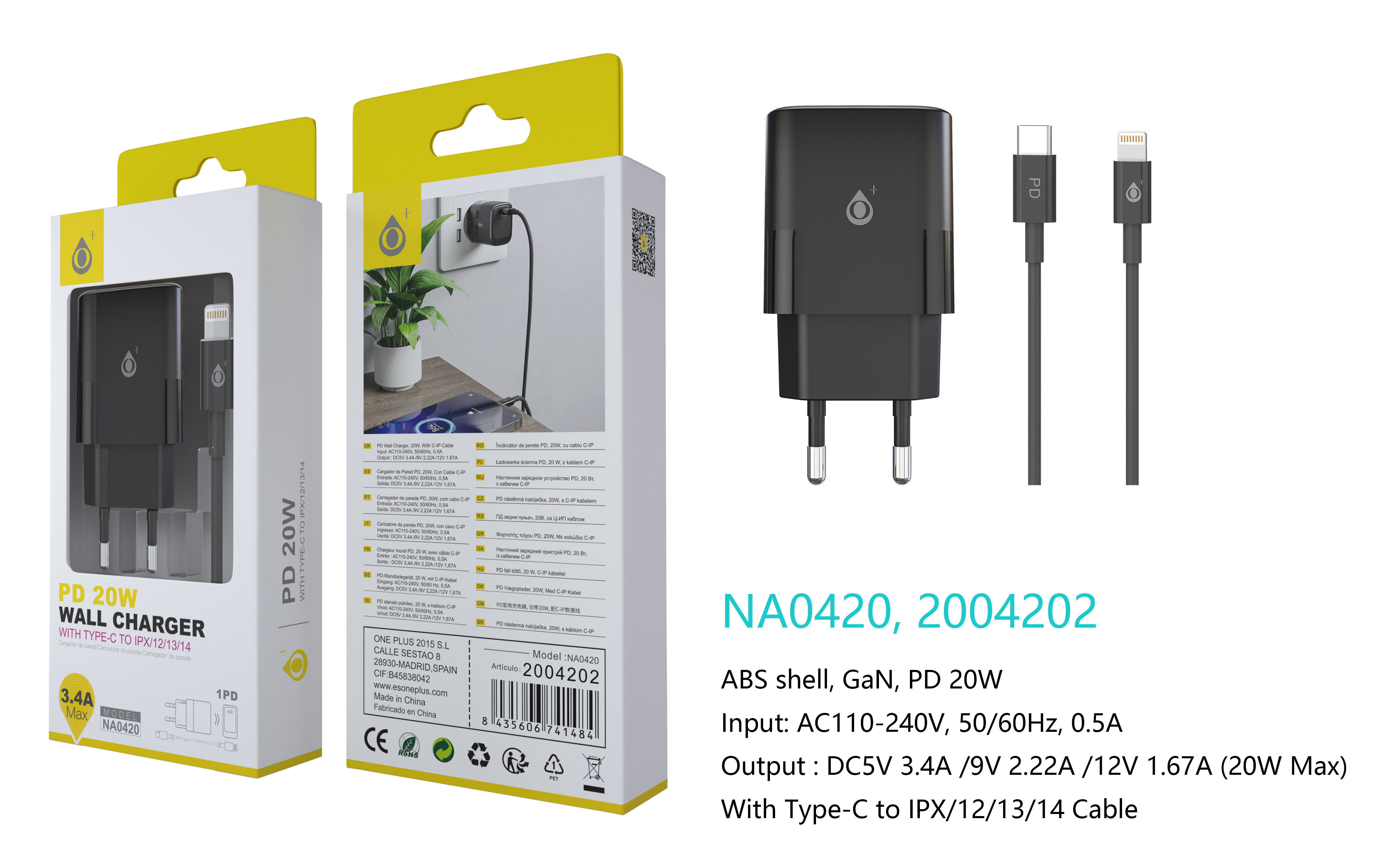 NA0420 NE Cargador GaN de Red Rapida Fort, 1 puerto USB-C PD,  Con Cable Type-C a Lightning, 20W/3.4A(Max), Negro