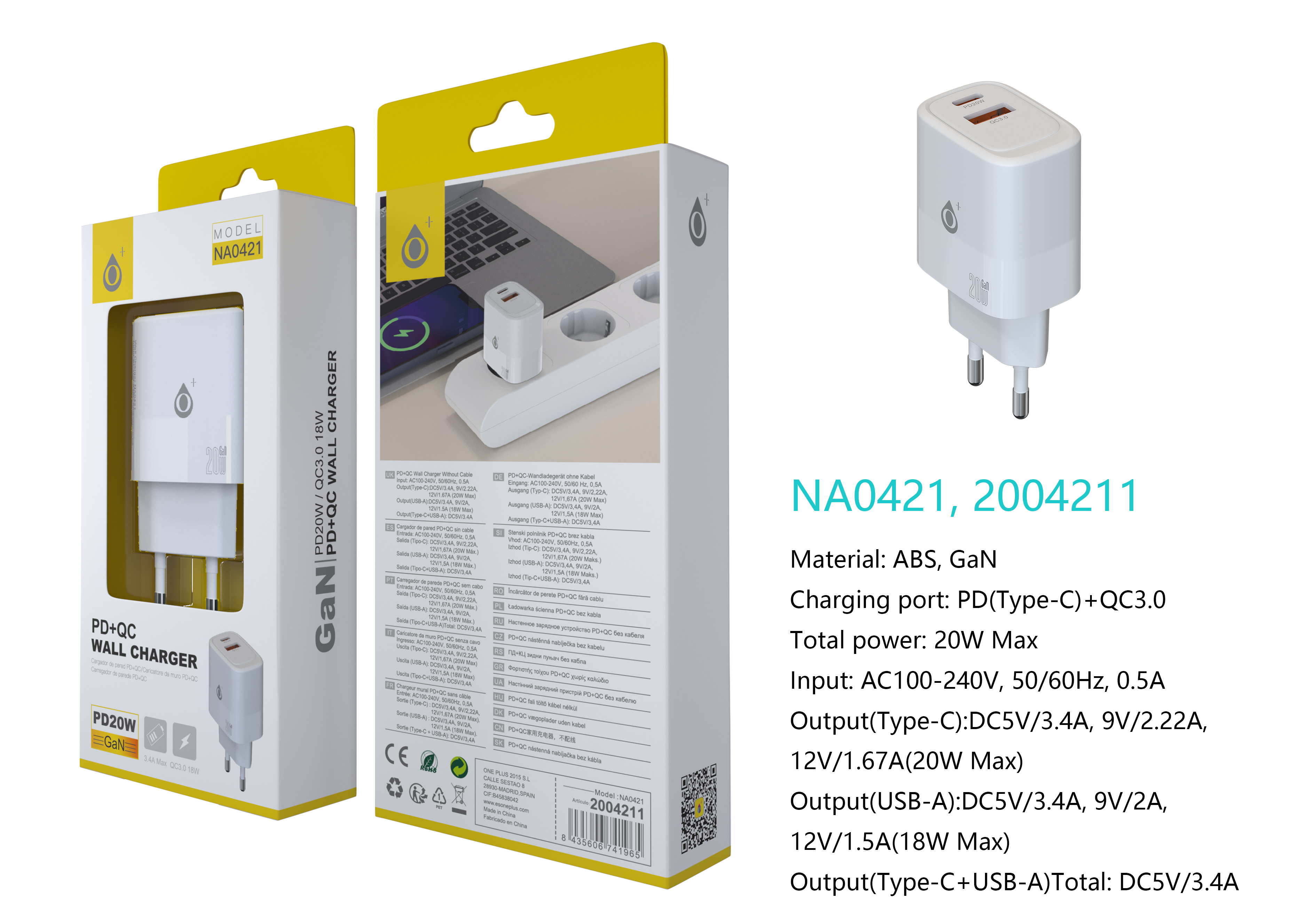 NA0421 BL Cargador GaN de Red Rapida Fort, 2 puerto USB-C(20W)+USB-A QC3.0(18W),  Sin Cable, Blanco