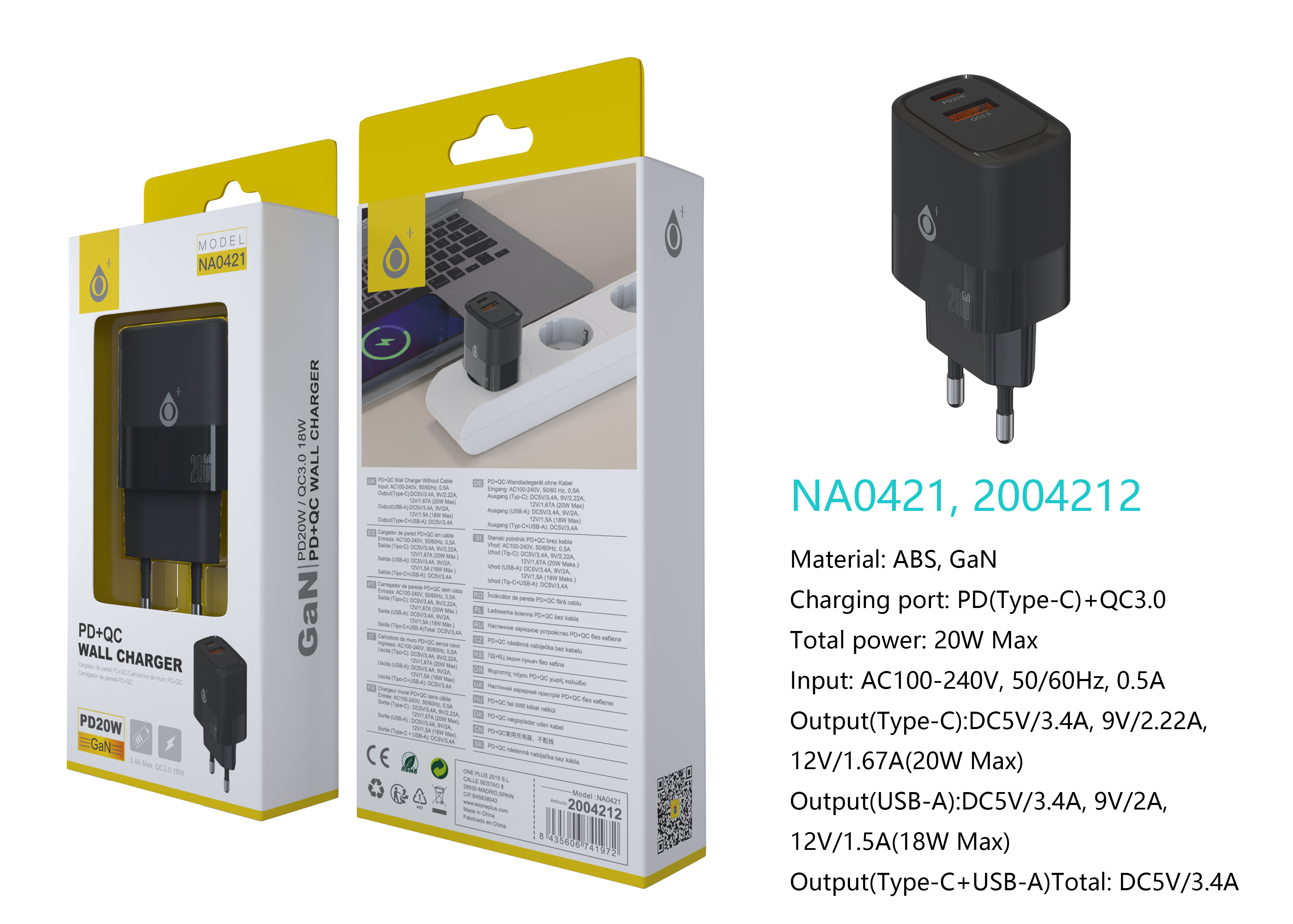 NA0421 NE Cargador GaN de Red Rapida Fort, 2 puerto USB-C(20W)+USB-A QC3.0(18W),  Sin Cable, Negro