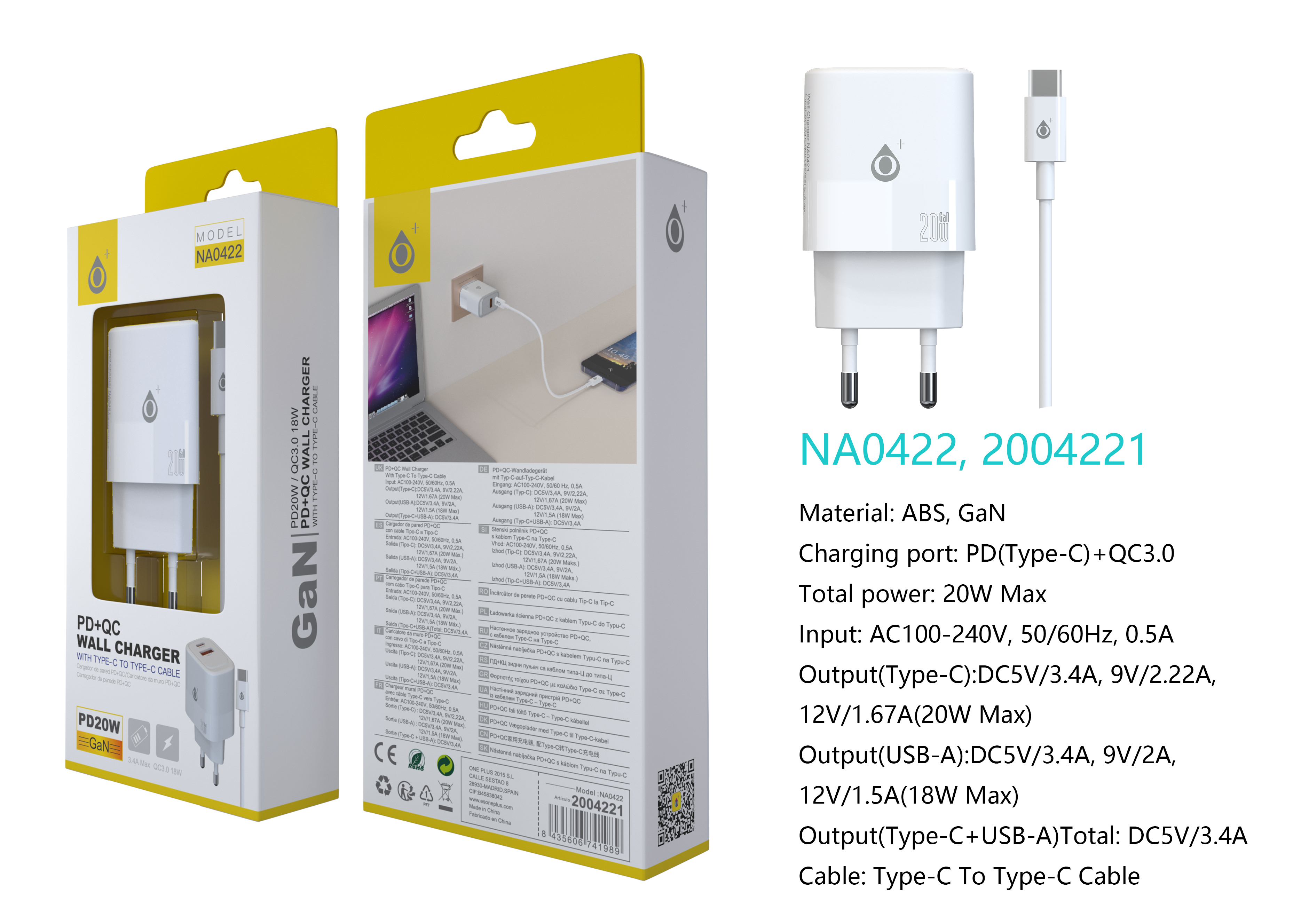 NA0422 BL Cargador GaN de Red Rapida Fort, 2 puerto USB-C(20W)+USB-A QC3.0(18W),  Con Cable Type-C a