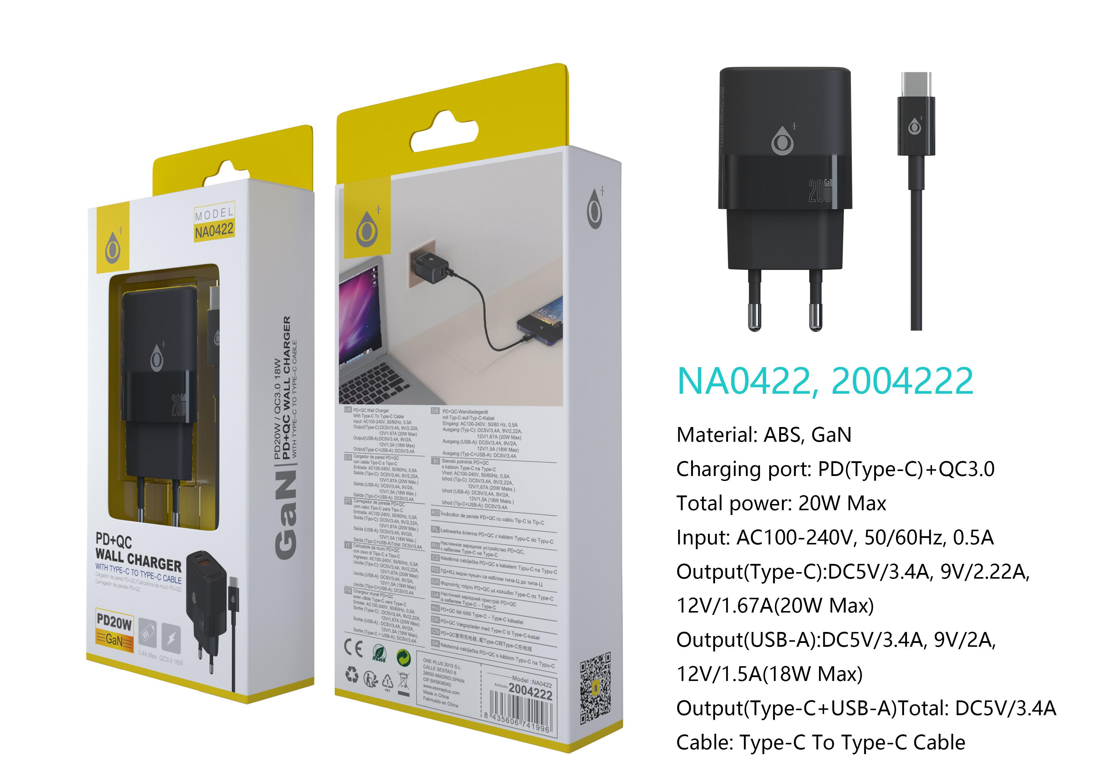 NA0422 NE Cargador GaN de Red Rapida Fort, 2 puerto USB-C(20W)+USB-A QC3.0(18W), Con Cable Type-C a