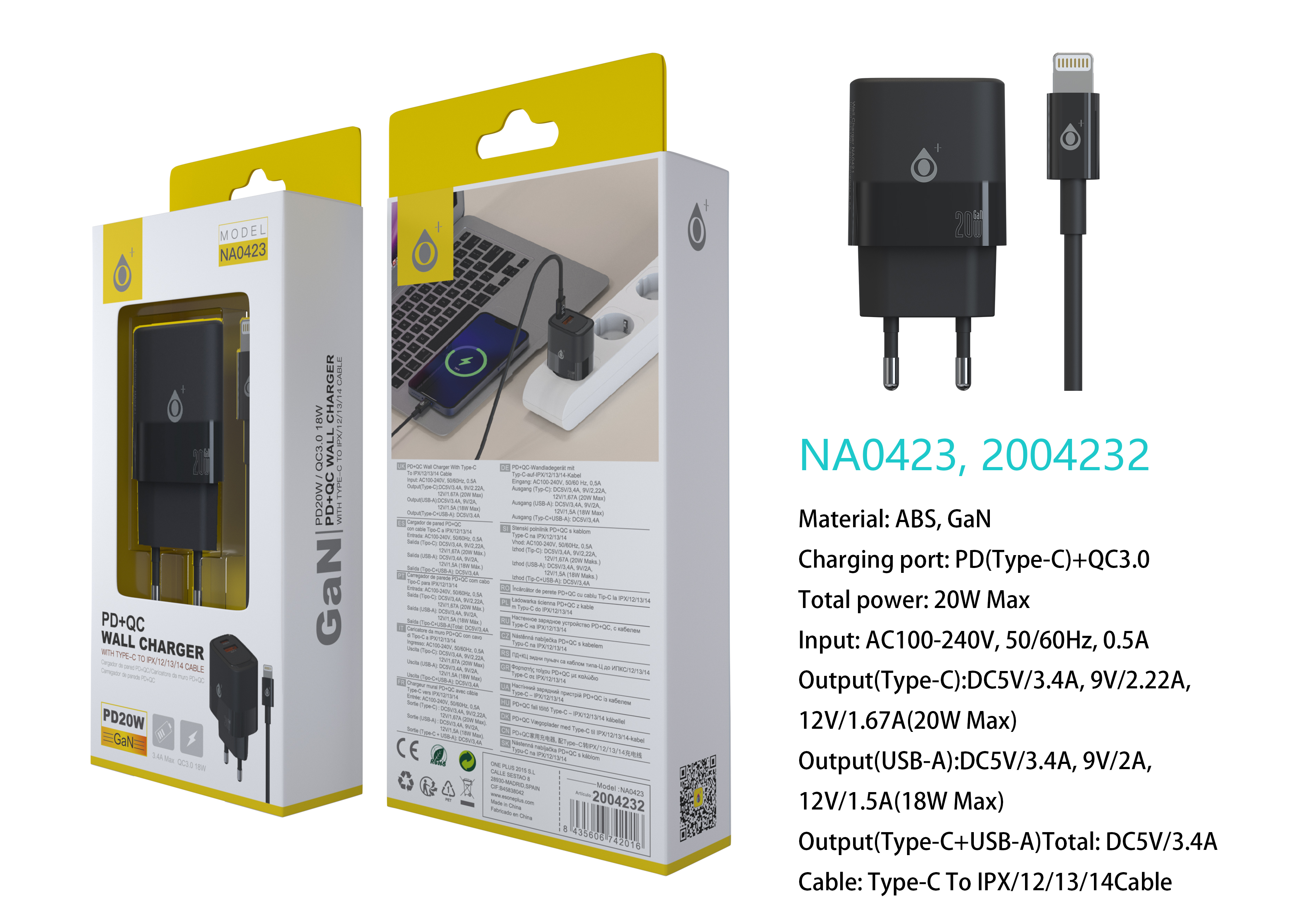 NA0423 NE Cargador GaN de Red Rapida Fort, 2 puerto USB-C(20W)+USB-A QC3.0(18W), Con Cable Type-C a