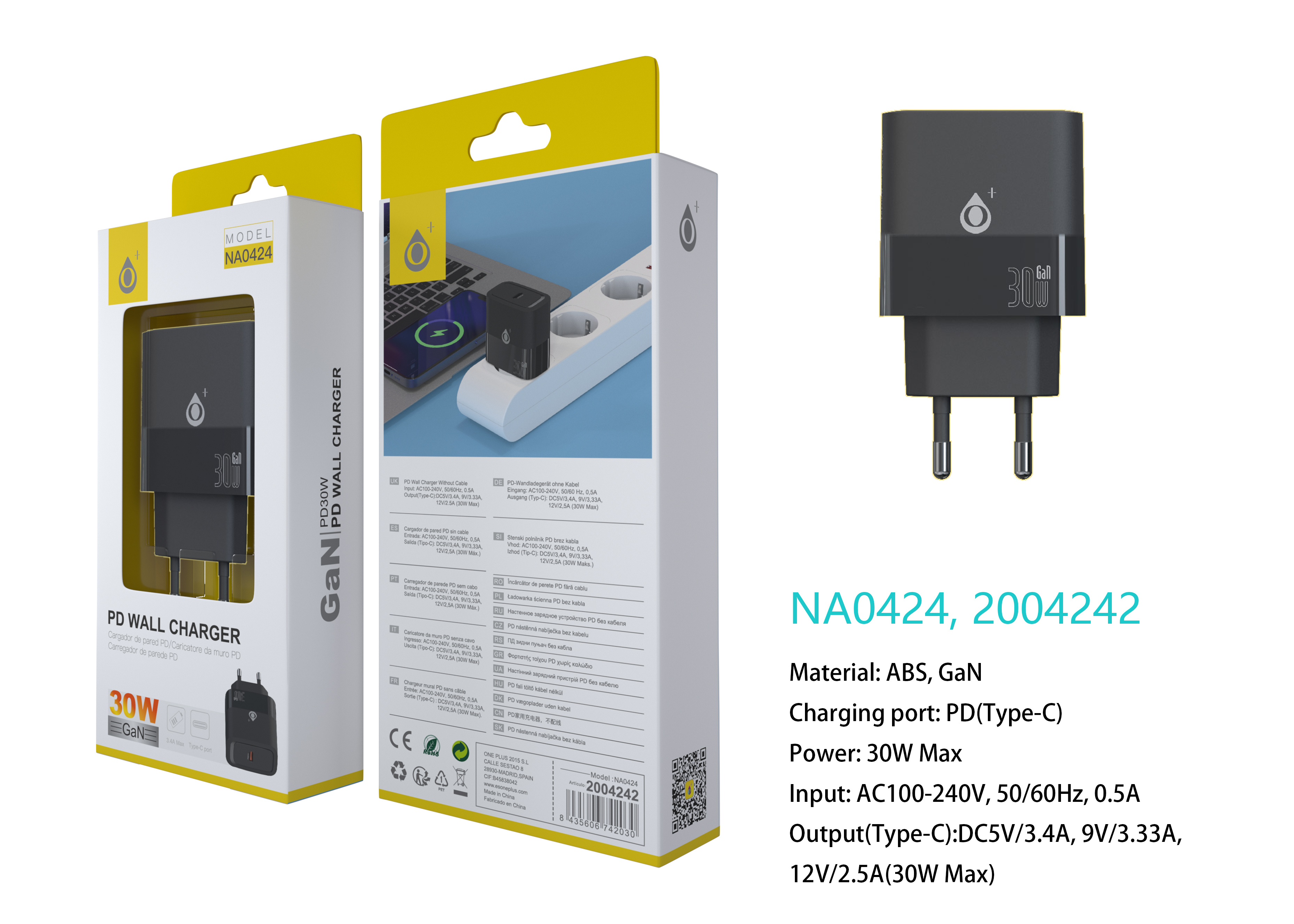 NA0424 NE Cargador GaN de Red Rapida Fort, 1 puerto USB-C PD,  Sin Cable, 30W/12V/2.5A(Max), Negro