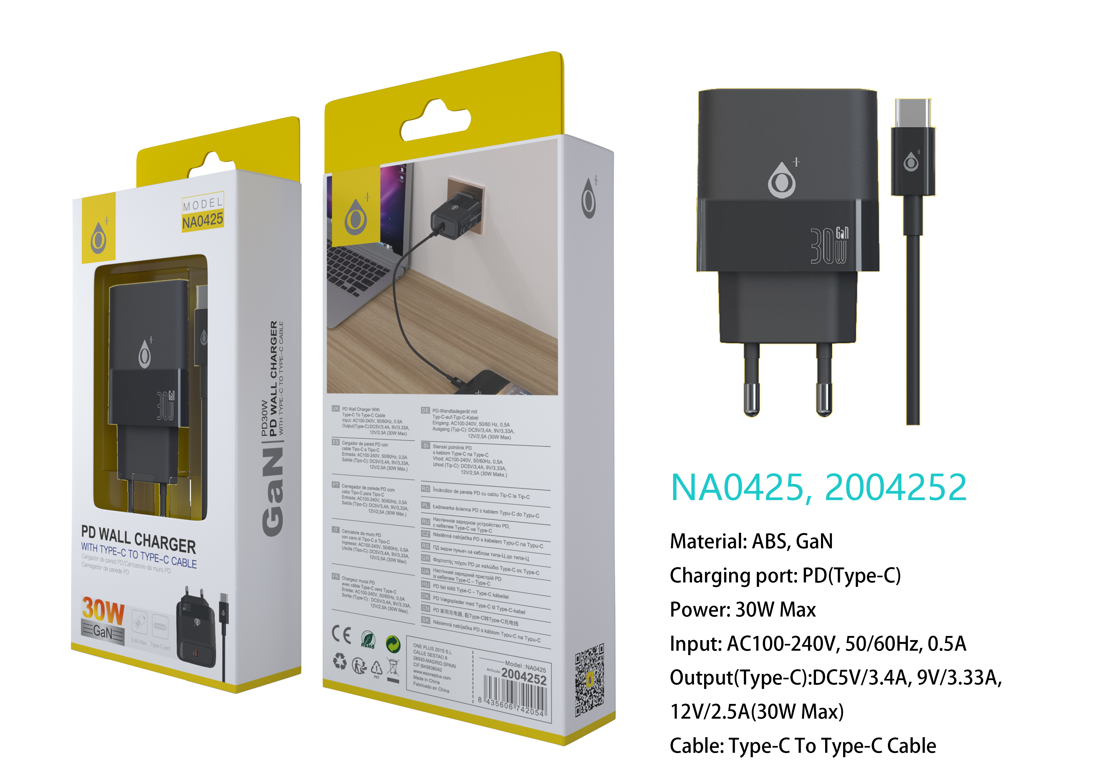 NA0425 NE Cargador GaN de Red Rapida Fort, 1 puerto USB-C PD, Con Cable Type-C a Type-C, 30W/12V/2.5