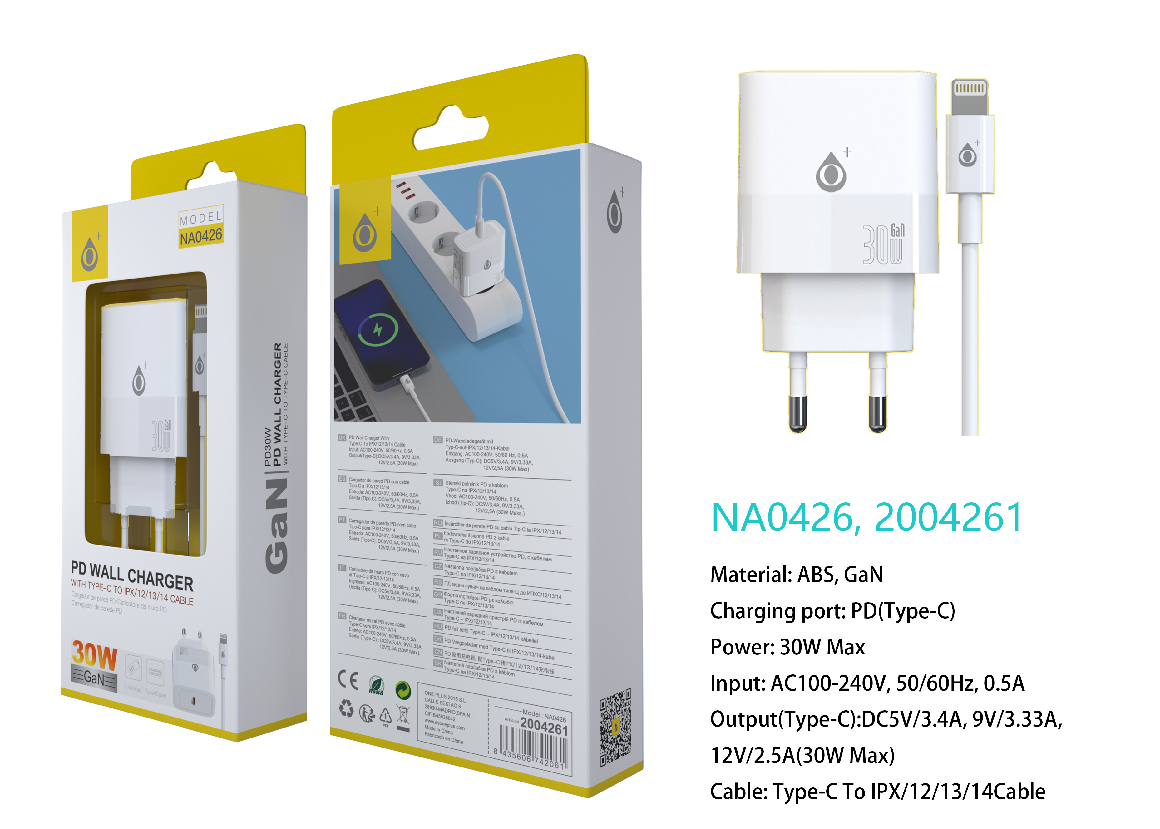 NA0426 BL Cargador GaN de Red Rapida Fort, 1 puerto USB-C PD, Con Cable Type-C a Lightning, 30W/12V/