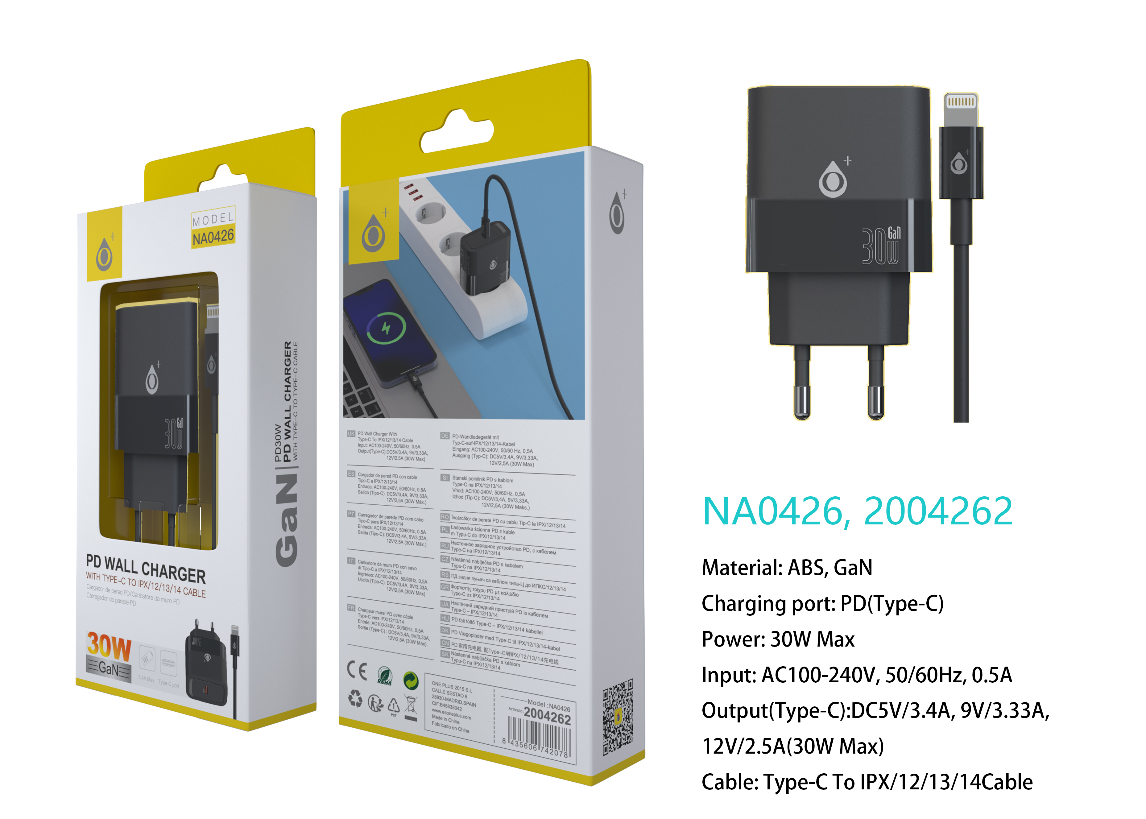 NA0426 NE Cargador GaN de Red Rapida Fort, 1 puerto USB-C PD, Con Cable Type-C a Lightning, 30W/12V/