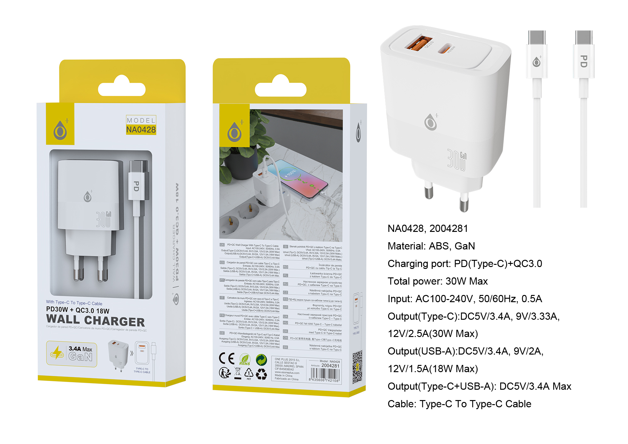 NA0428 BL Cargador GaN de Red Rapida Fort, 2 puerto USB-C(30W)+USB-A QC3.0(18W), Con Cable Type-C a