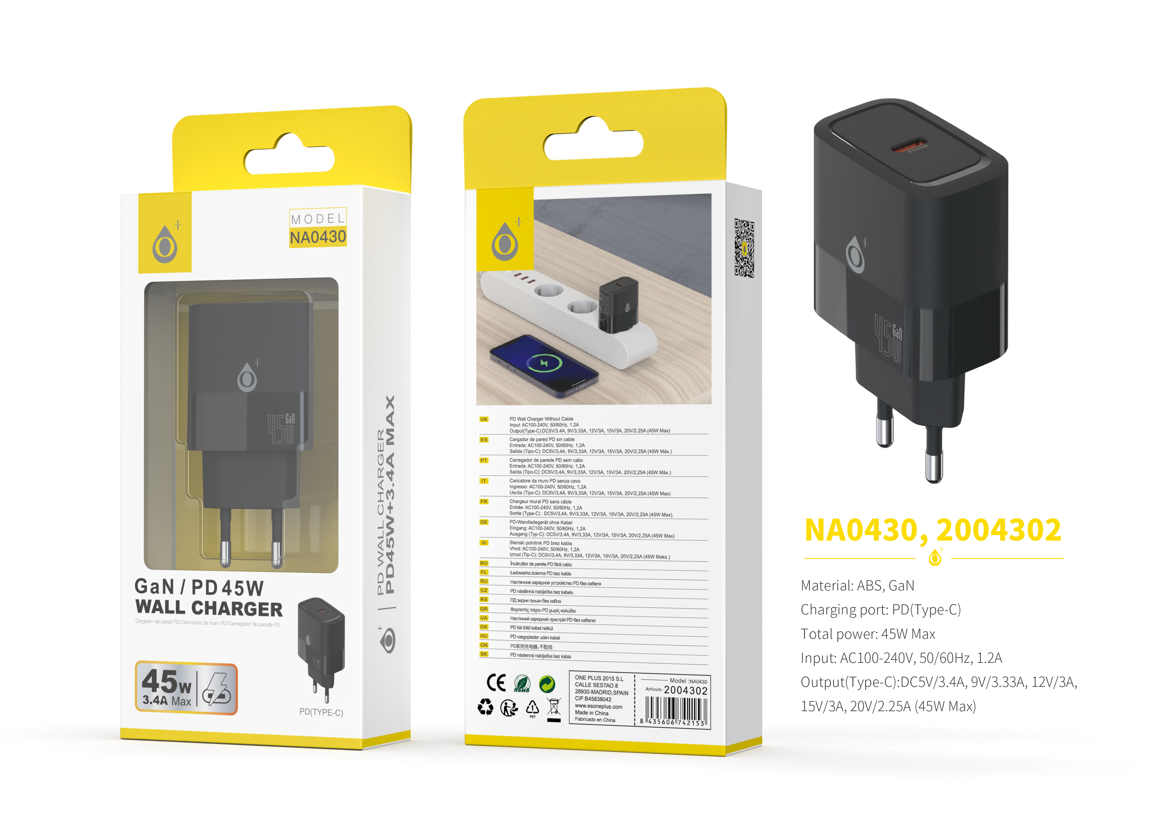 NA0430 NE Cargador GaN de Red Rapida Fort, 1 puerto USB-C 45W/3.4 Max,  Sin Cable, Negro