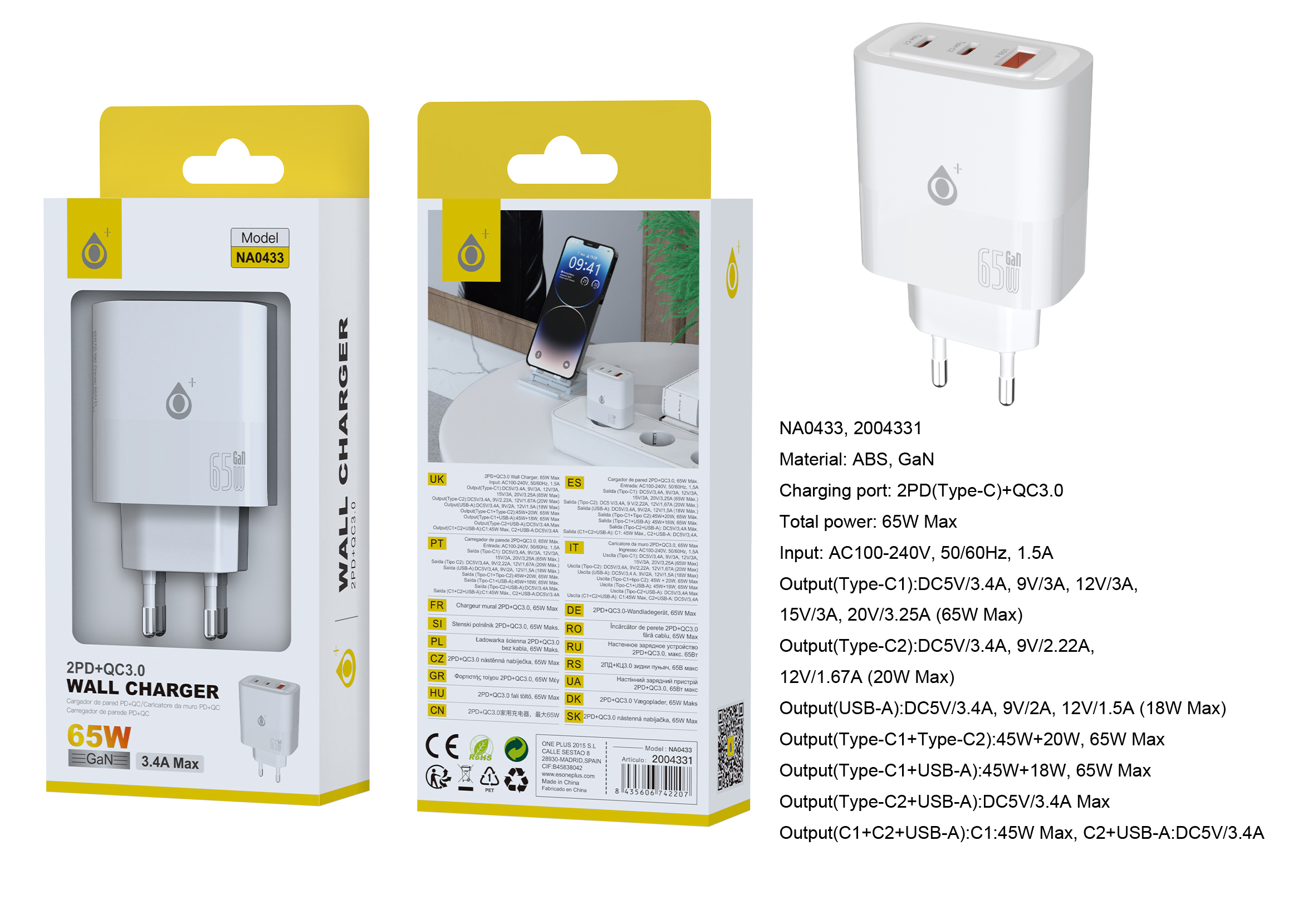 NA0433 BL Cargador GaN de Red Rapida Fort, 2*USB-C+1*USB-A QC 3.0 , Sin Cable, 65W/3.4A(Max), Blanco