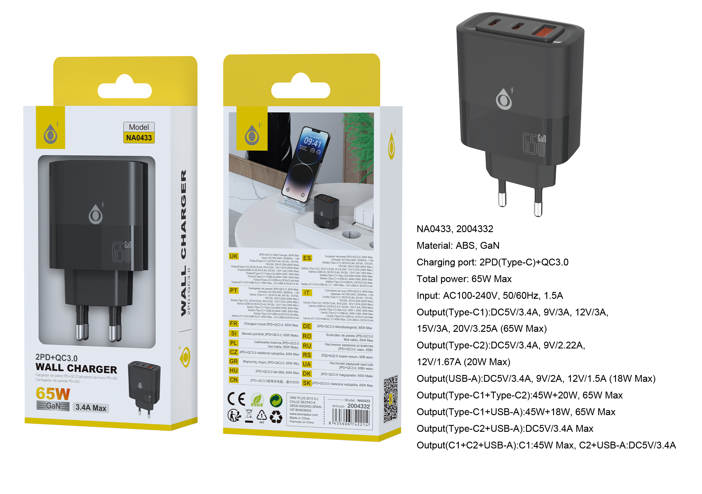 NA0433 NE Cargador GaN de Red Rapida Fort, 2*USB-C+1*USB-A QC 3.0 , Sin Cable, 65W/3.4A(Max), Negro
