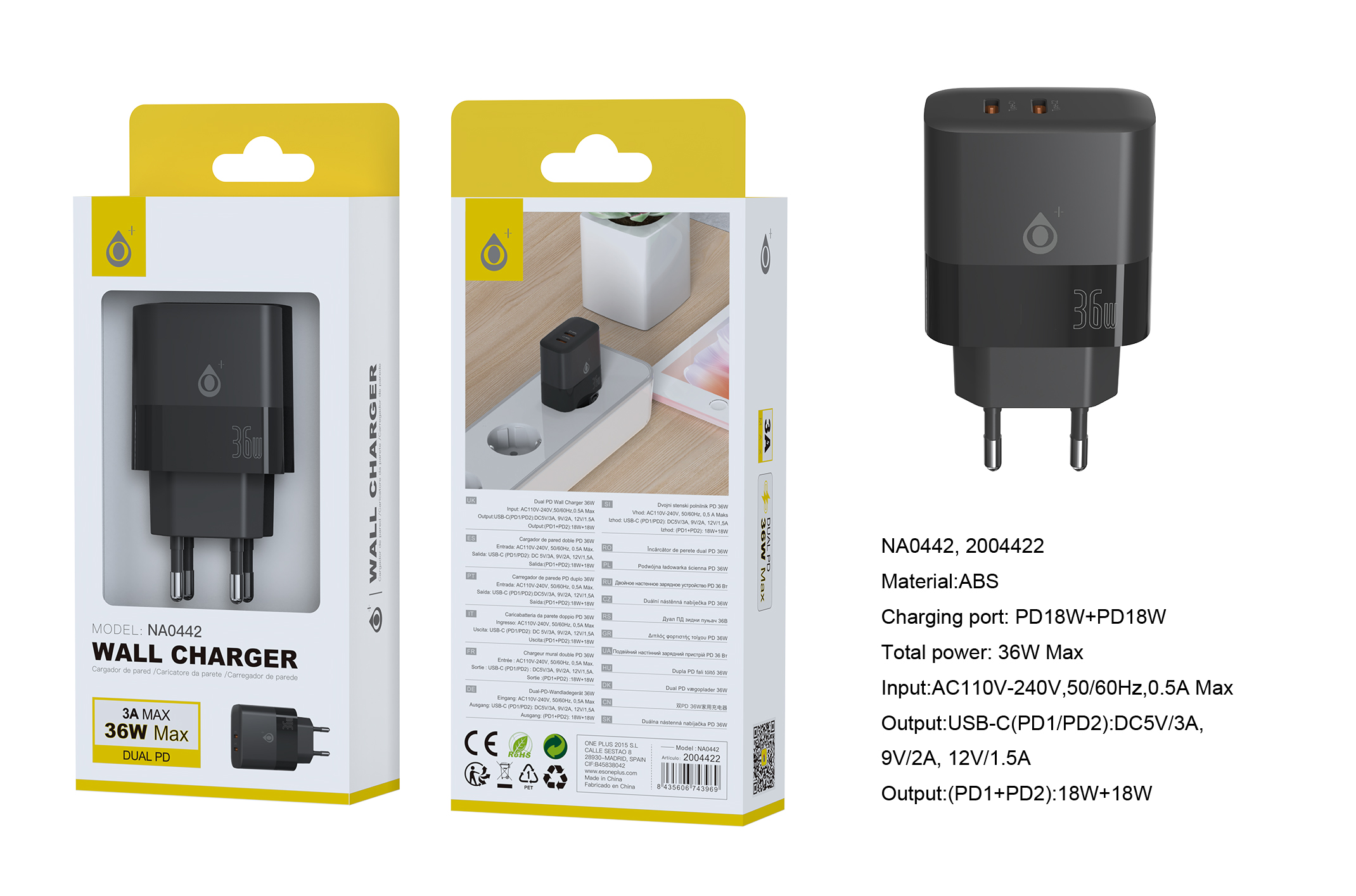 NA0442 NE Cargador de red rapida Fort, 2 puertos USB-C*2 (36W Max),  Sin cable, Negro