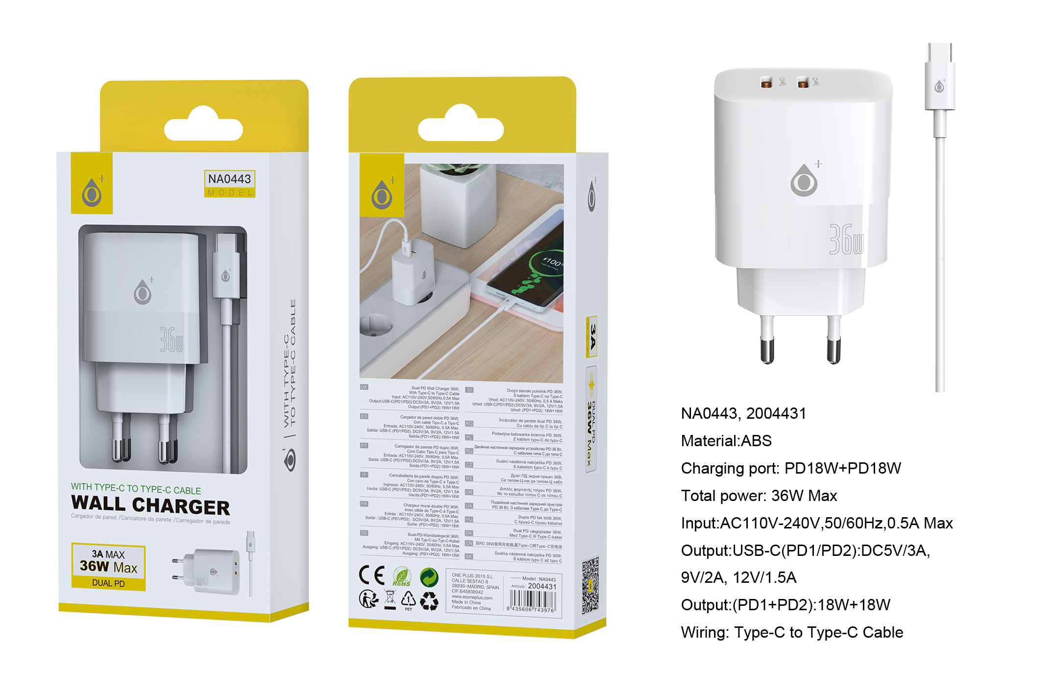 NA0443 BL Cargador de red rapida Fort, 2 puertos USB-C*2 (36W Max), Con cable Type-C, Blanco