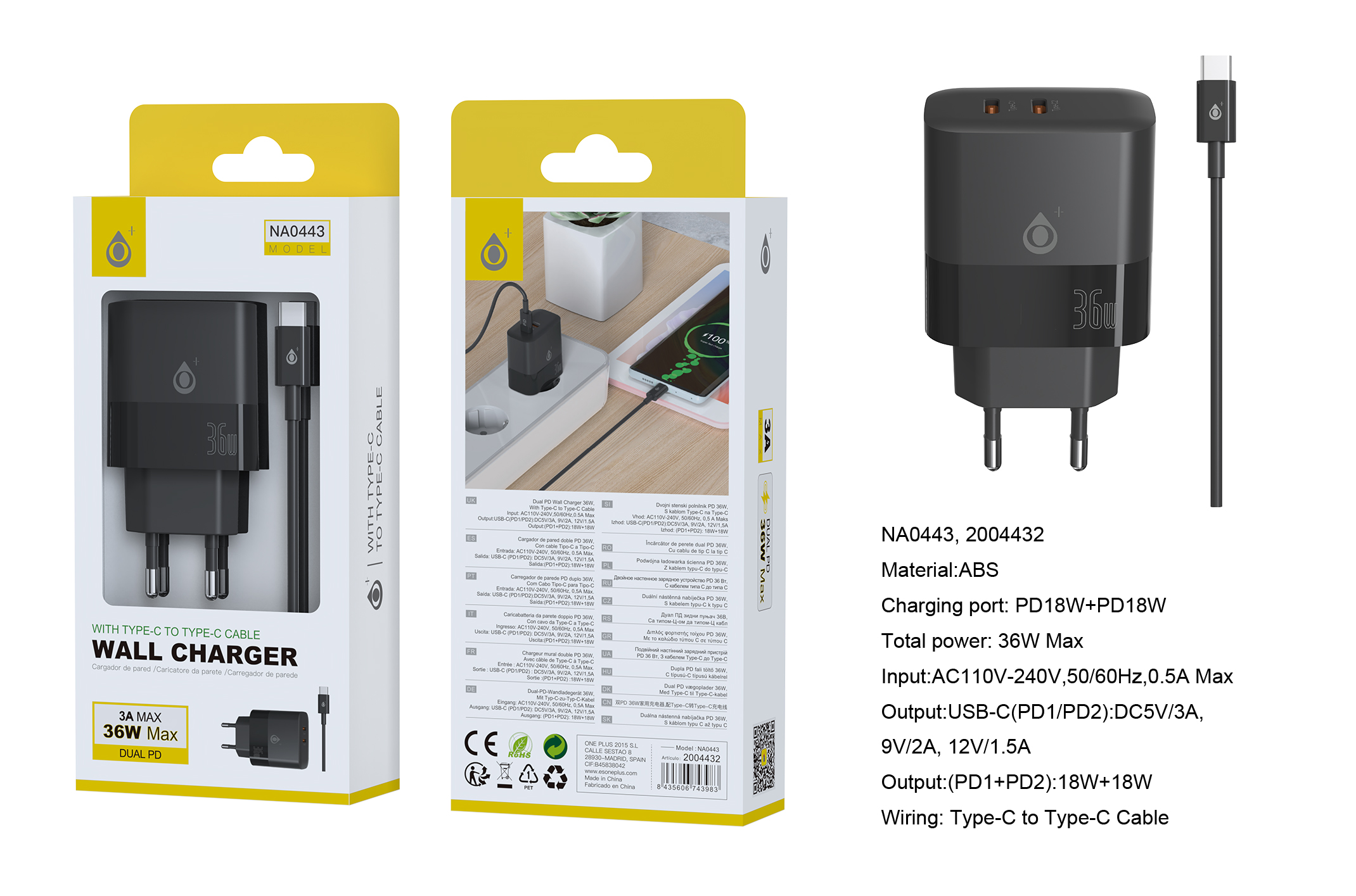 NA0443 NE Cargador de red rapida Fort, 2 puertos USB-C*2 (36W Max), Con cable Type-C, Negro