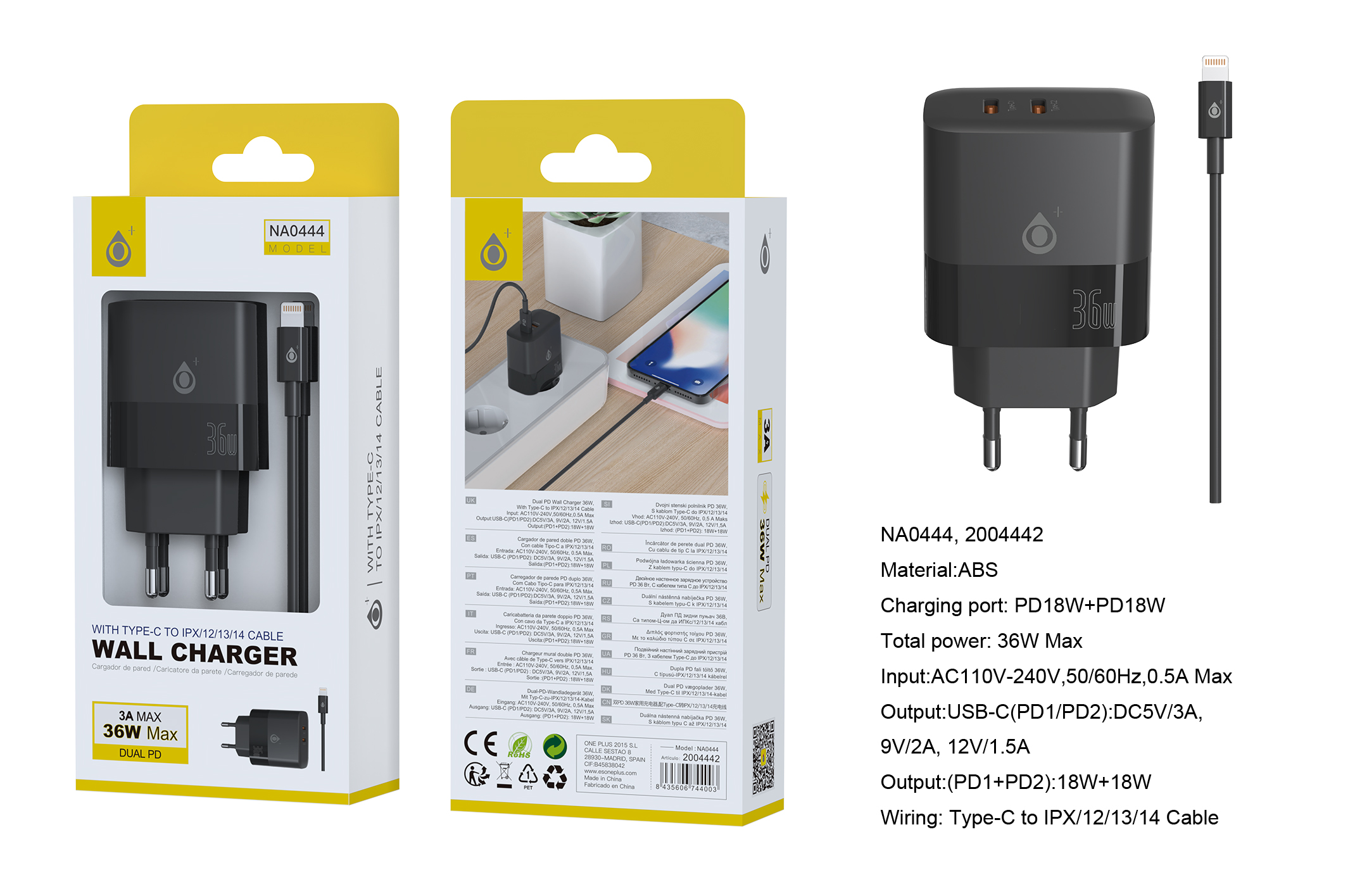 NA0444 NE Cargador de red rapida Fort, 2 puertos USB-C*2 (36W Max), Con cable Lightning, Negro