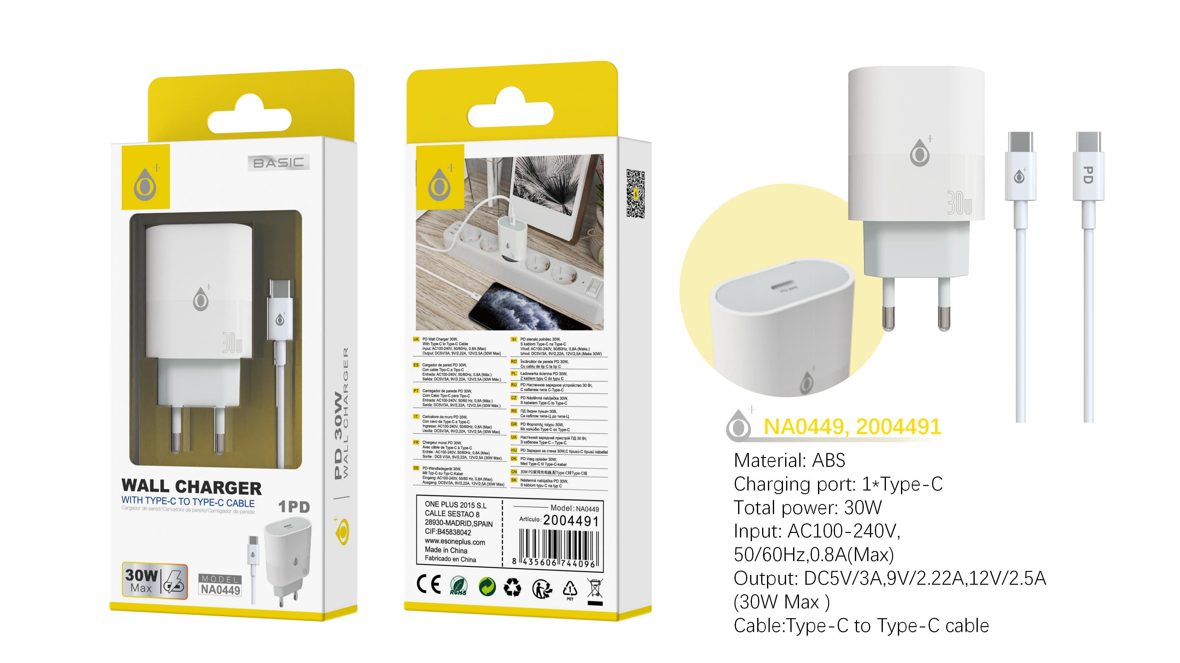 NA0449 BL Cargador de Red Rapida Jorwin 30W, 1 Type-C PD, Con cable Type-C a Type-C, Blanco