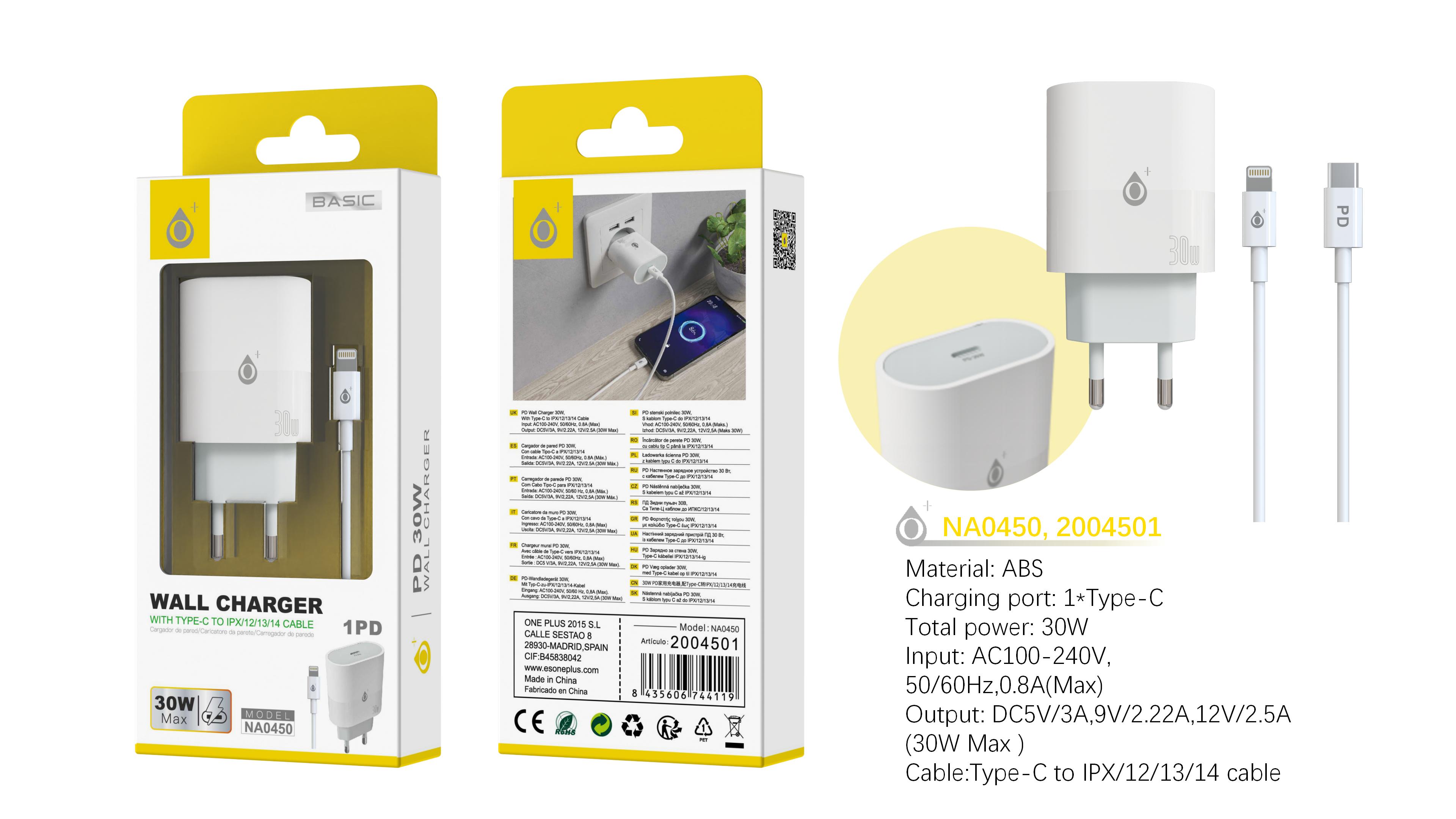 NA0450 BL Cargador de Red Rapida Jorwin 30W, 1 Type-C PD, Con cable Type-C a Iphone, Blanco