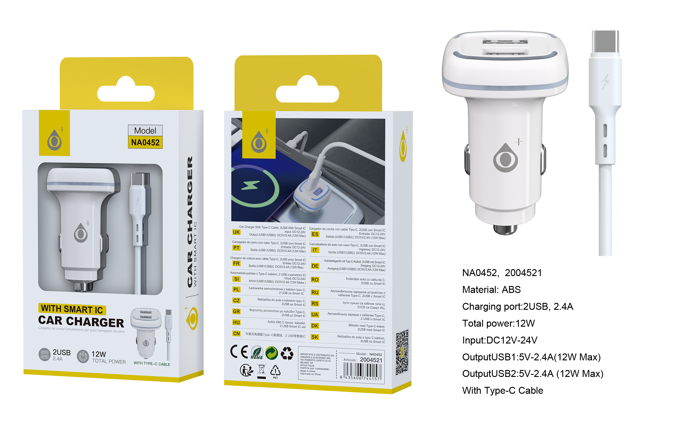 NA0452 BL Cargador de Mechero Bryan Con Smart Chip IC, 2 USB-A con cable Type-C, 2.4A/12W Max, Blanco