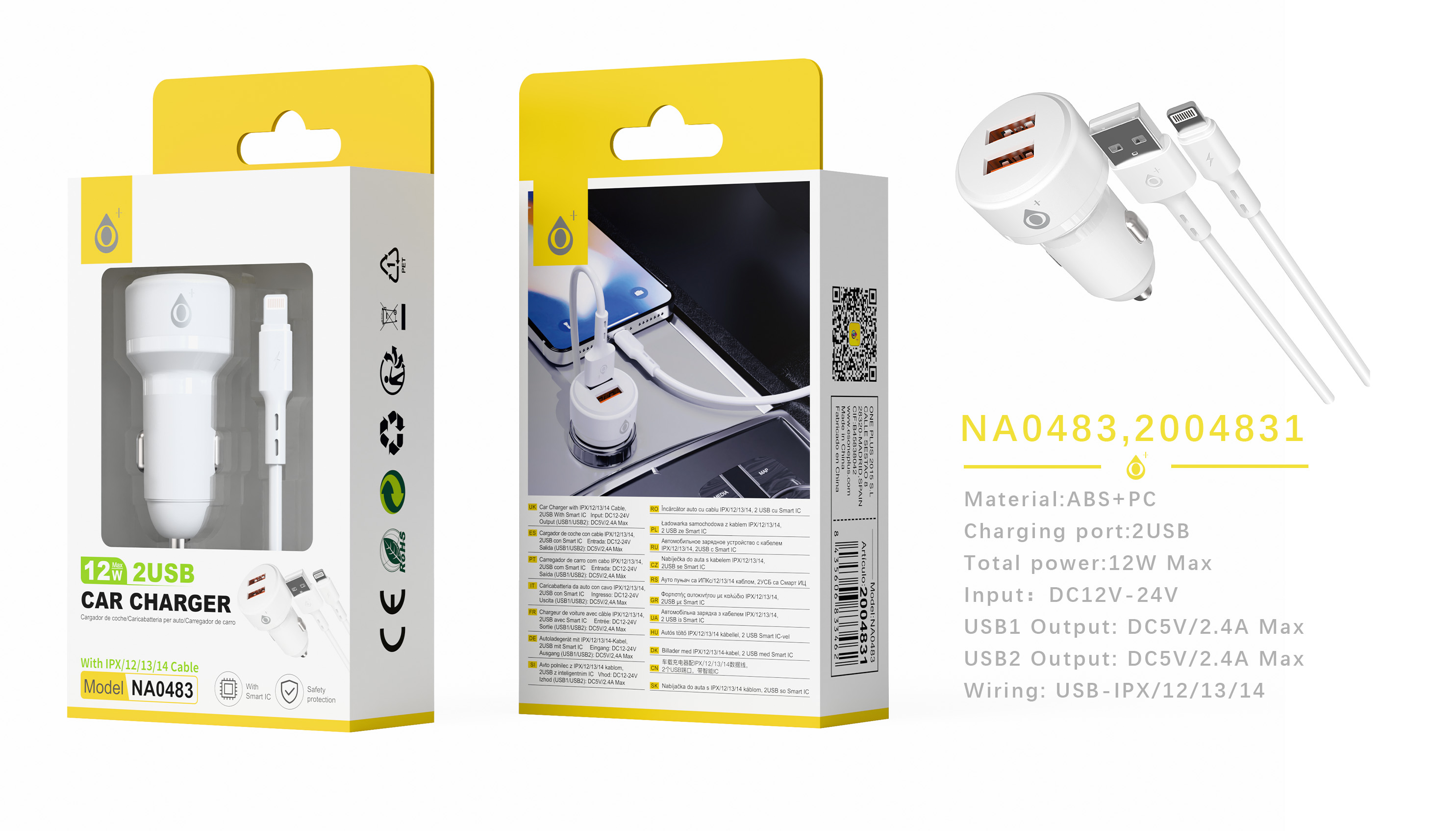NA0483 BL Cargador de Mechero Liora 2 USB-A con IC chip, Con cable Iphone, 12W/2.4A, Blnaco