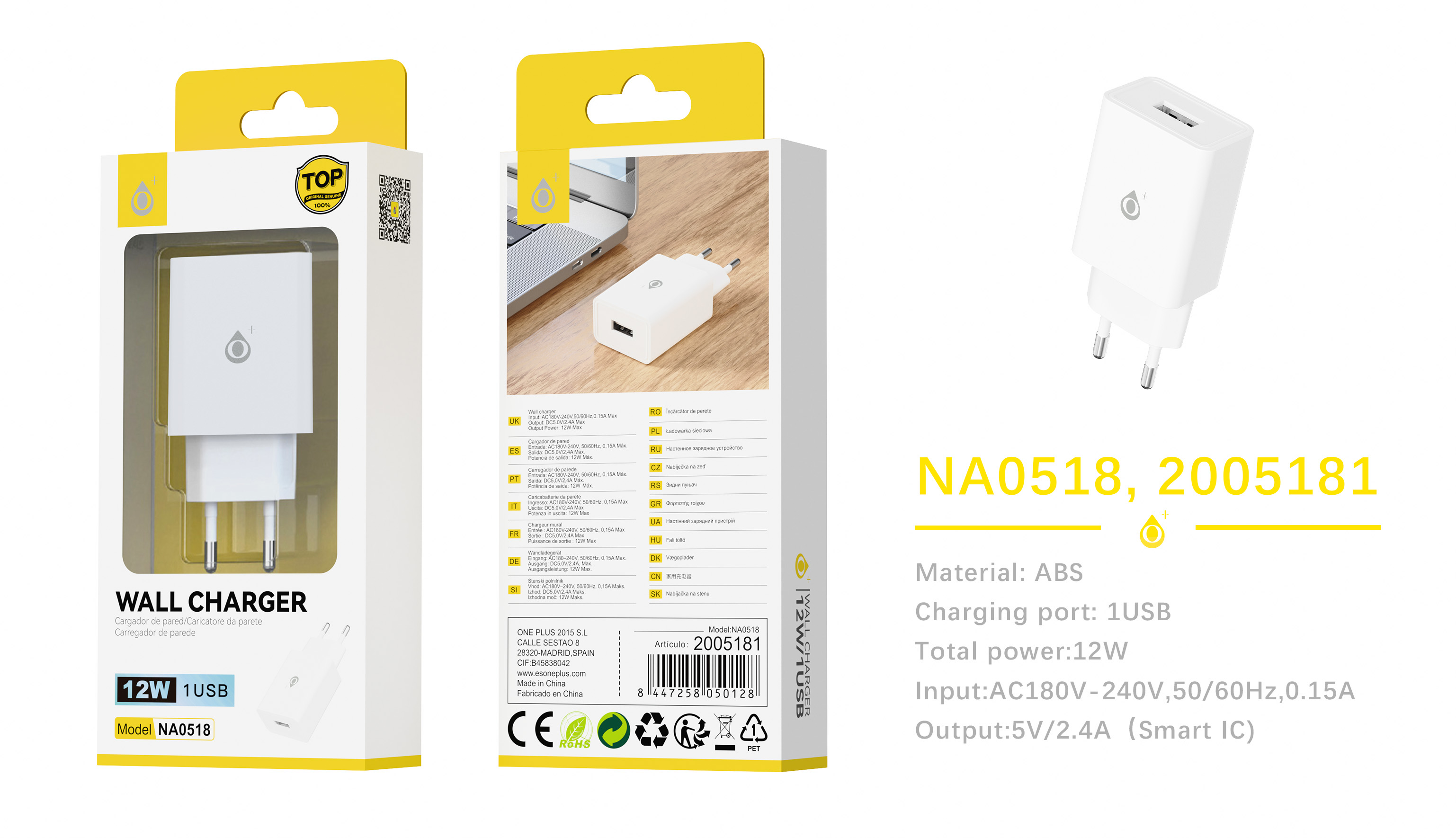 NA0518 BL Cargador de Red lua 1 USB Con Smart Chip, Sin cable, 12W/2.4A, Blanco
