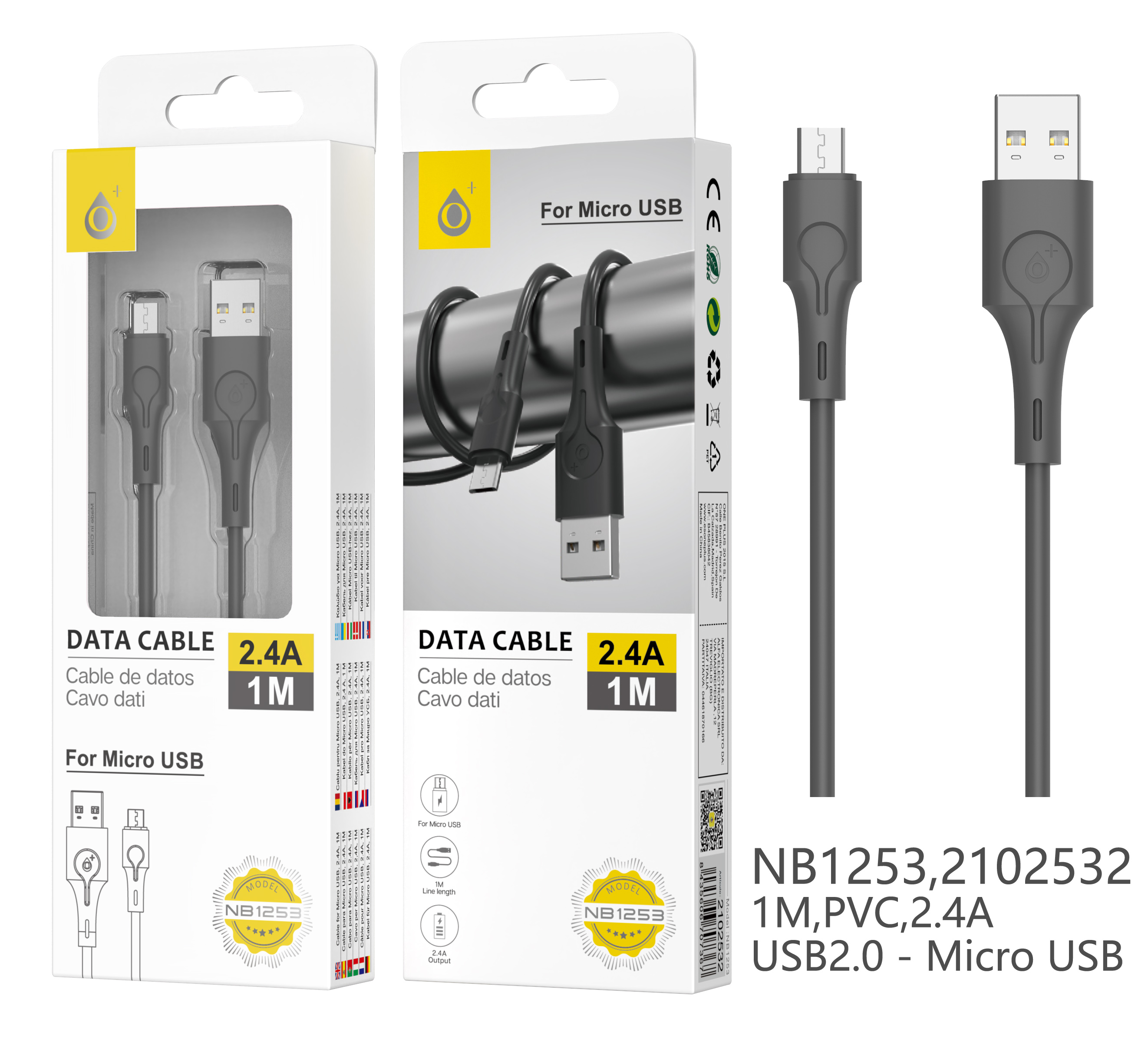 NB1253 NE Cable de Datos Abanico para Micro USB, 1M 2.4A, Negro