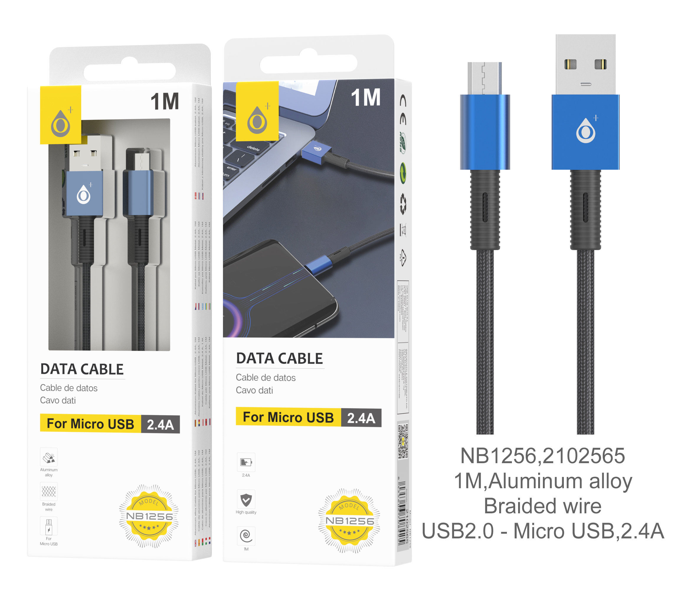NB1256 AZ Cable de Datos trenzado Thor para MicroUSB, 1M 2.4A, Azul