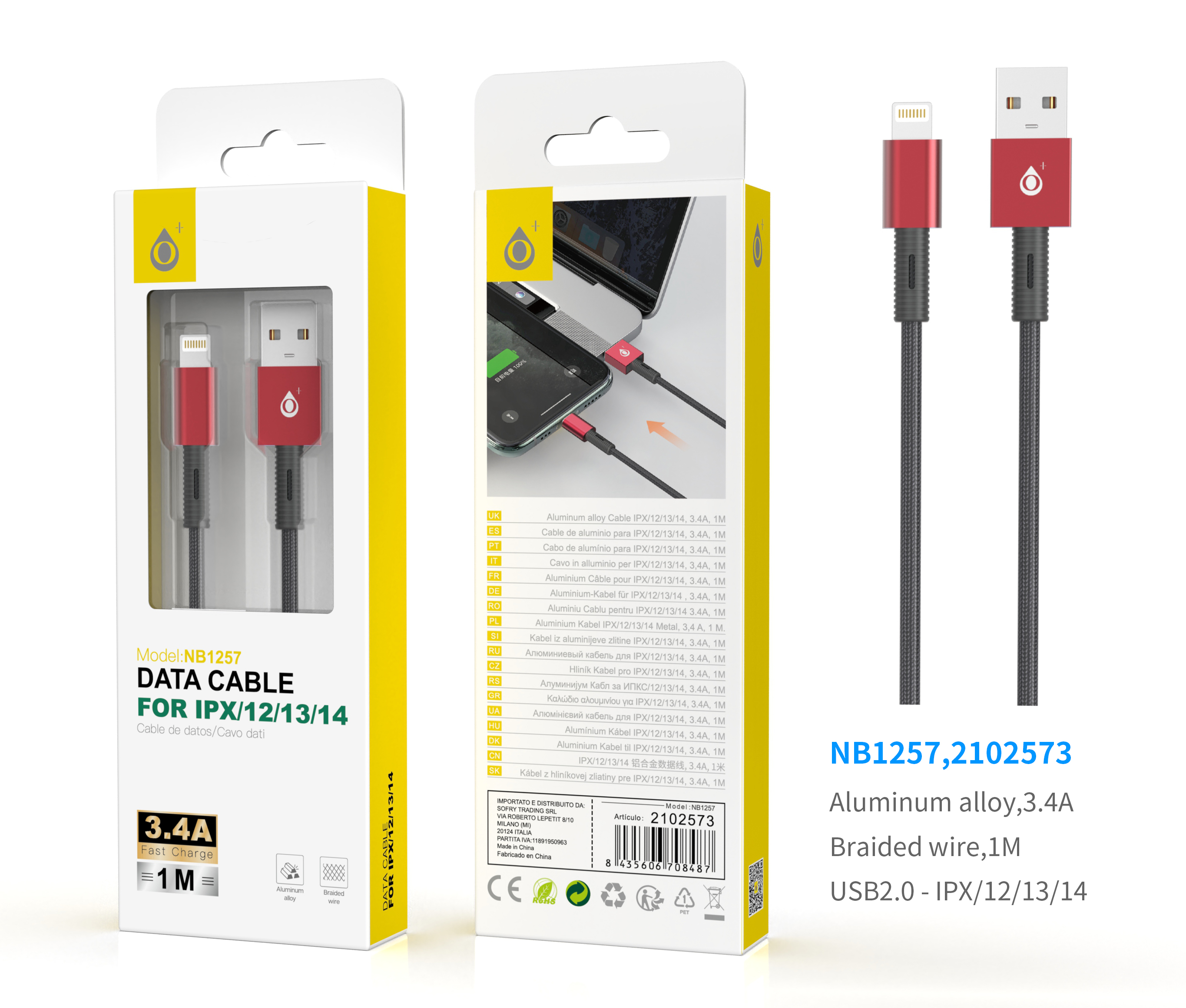 NB1257 RJ Cable de Datos trenzado Thor para IP 5-12, 1M 2.4A, Rojo