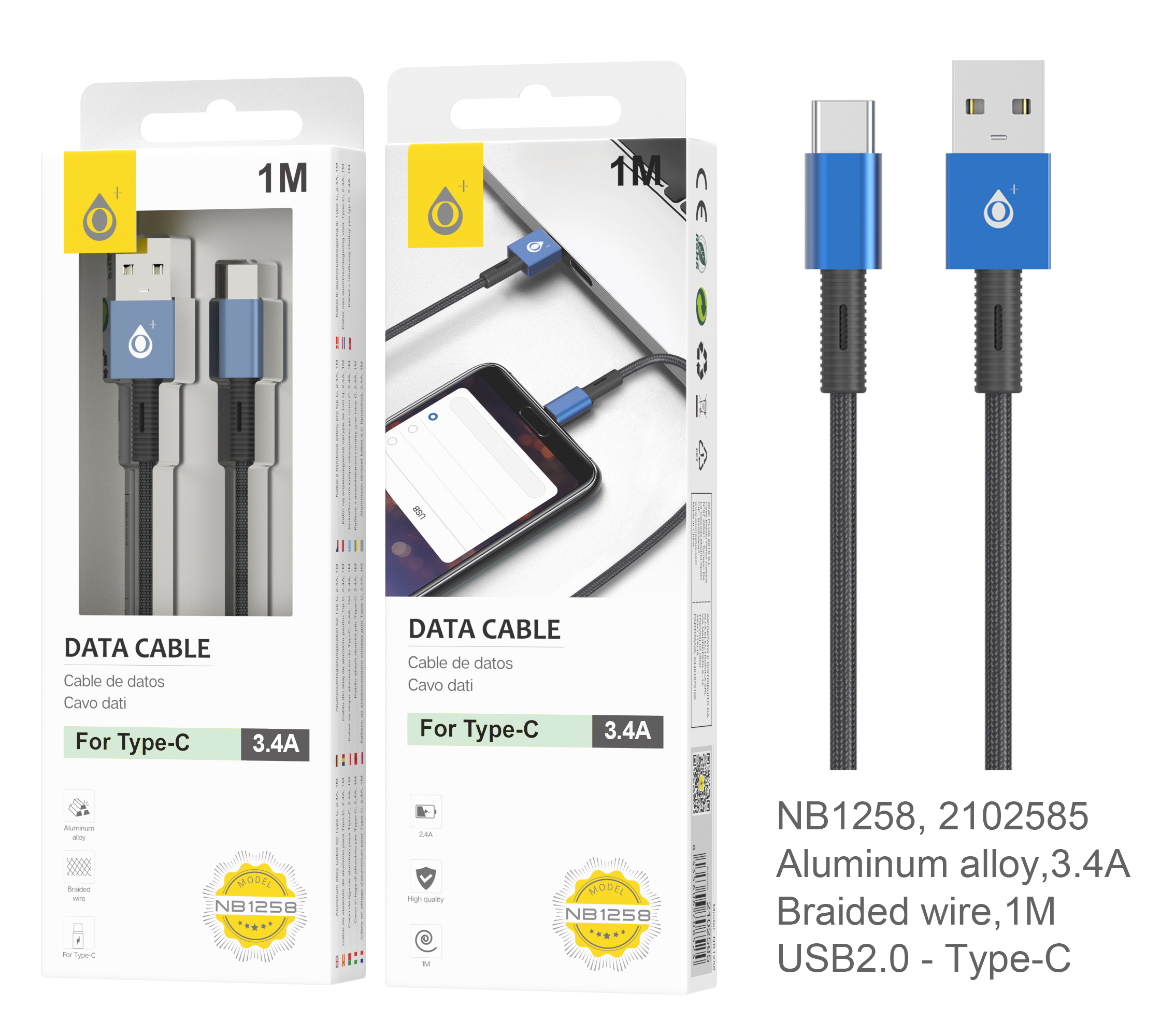 NB1258 AZ Cable de Datos trenzado Thor para Type C, 1M 3.4A, Azul