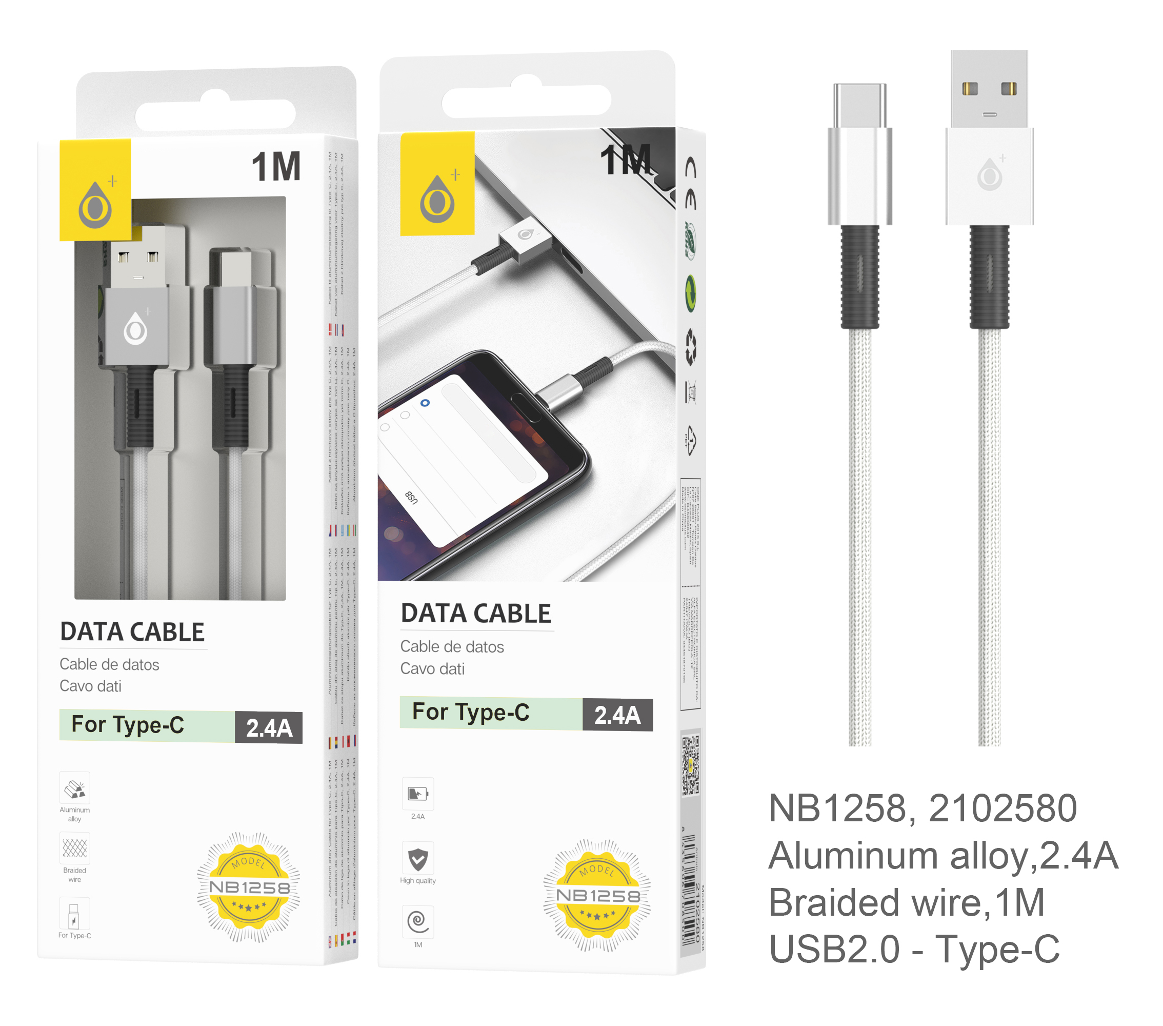 NB1258 PL Cable de Datos trenzado Thor para Type C, 1M 2.4A, Plata