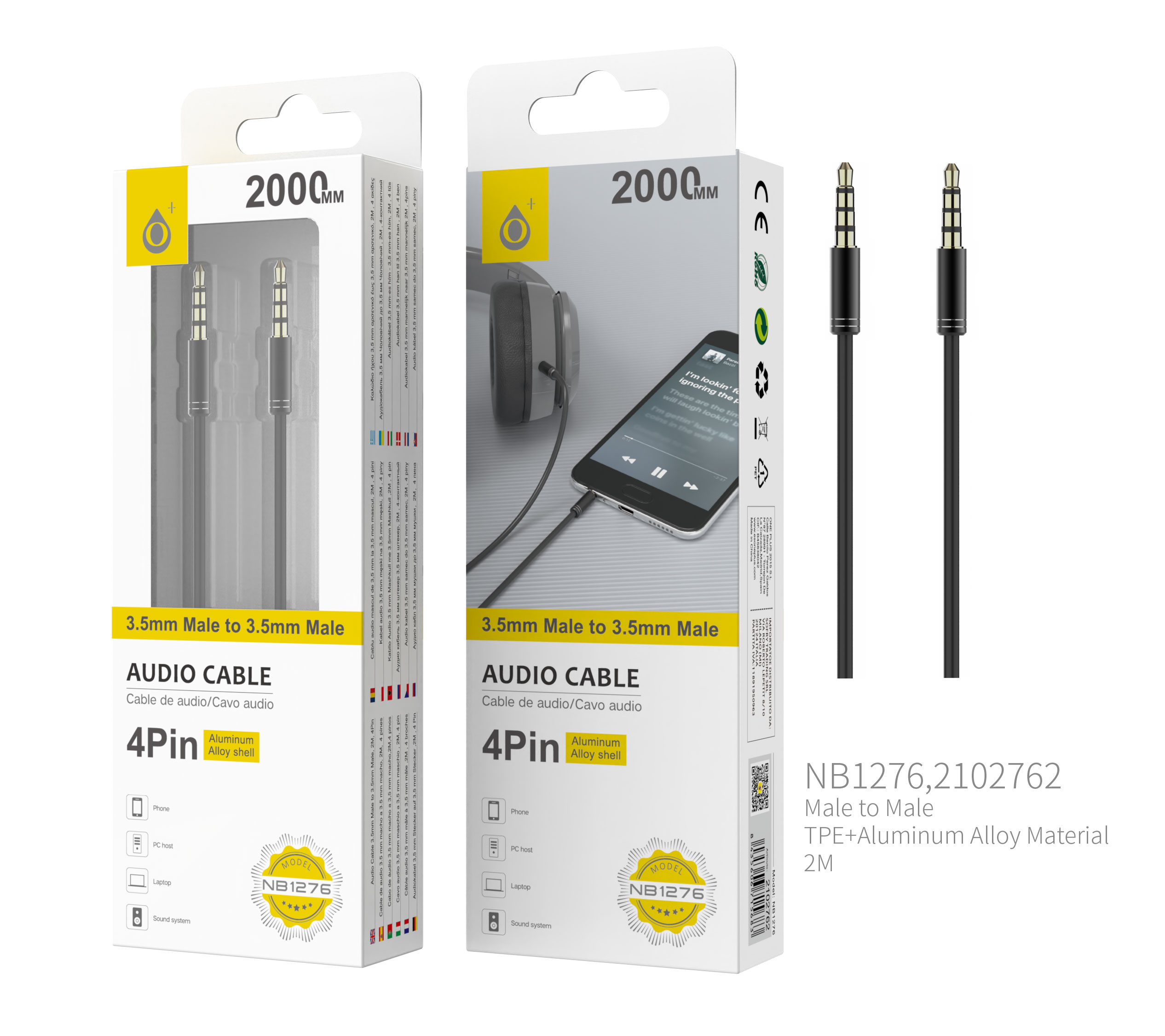 NB1276 NE Cable de Audio Fox de Aluminio de 3.5mm a 3.5mm Macho a Macho, 4Pin, Longitud 2 M, Negro