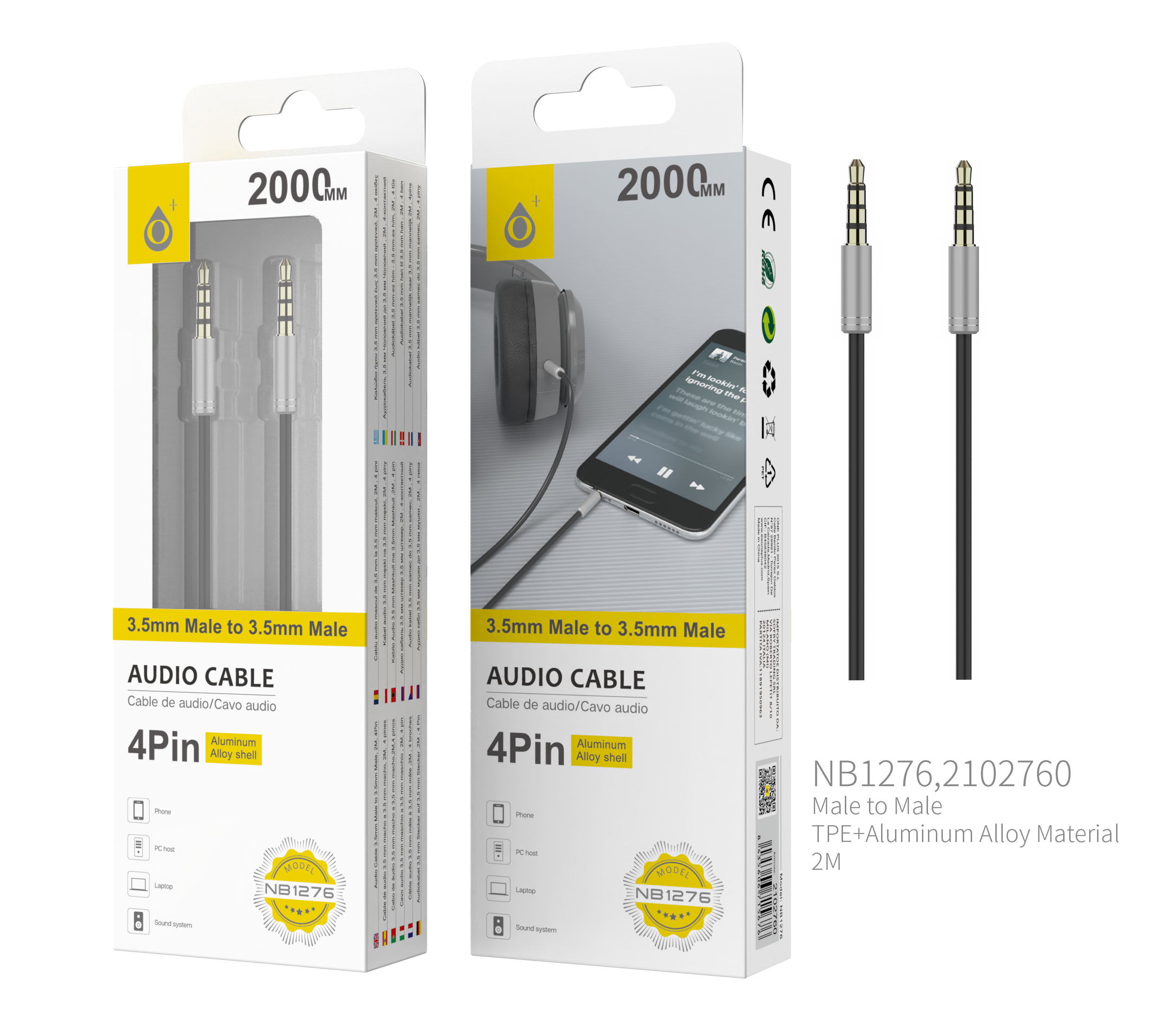 NB1276 PL Cable de Audio Fox de Aluminio de 3.5mm a 3.5mm Macho a Macho, 4Pin, Longitud 2 M, Plata